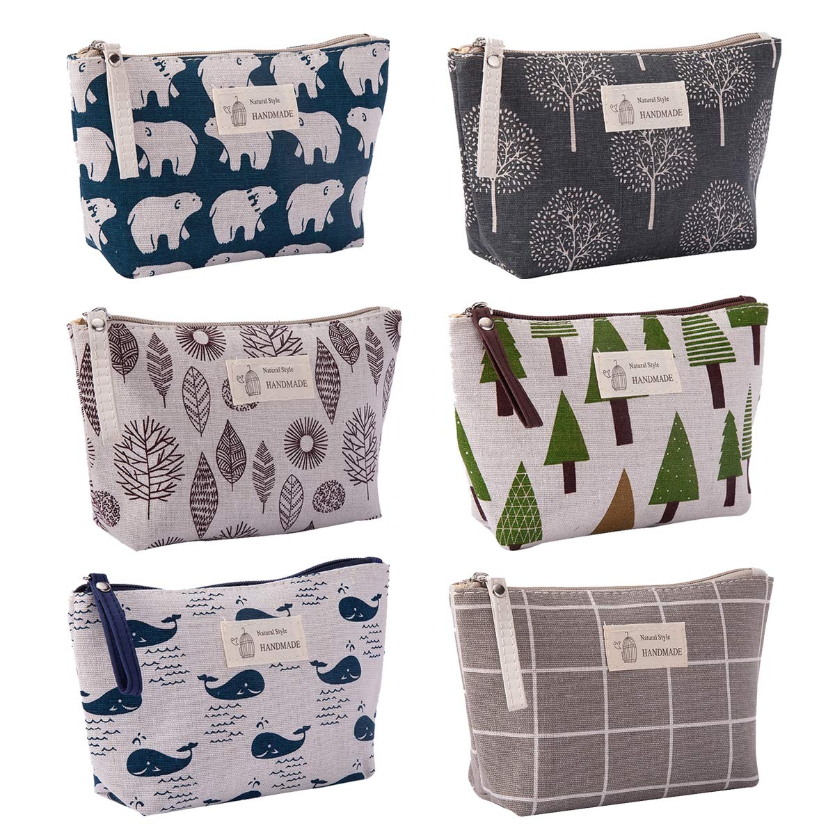 6-Piece Printed Canvas Makeup Bags Set - Multi-Functional Travel Cosmetic Organizer with Zipper for Women & Girls (6 Stylish Designs) - Perfect for Travel, Gym, Daily Use & Gift Giving