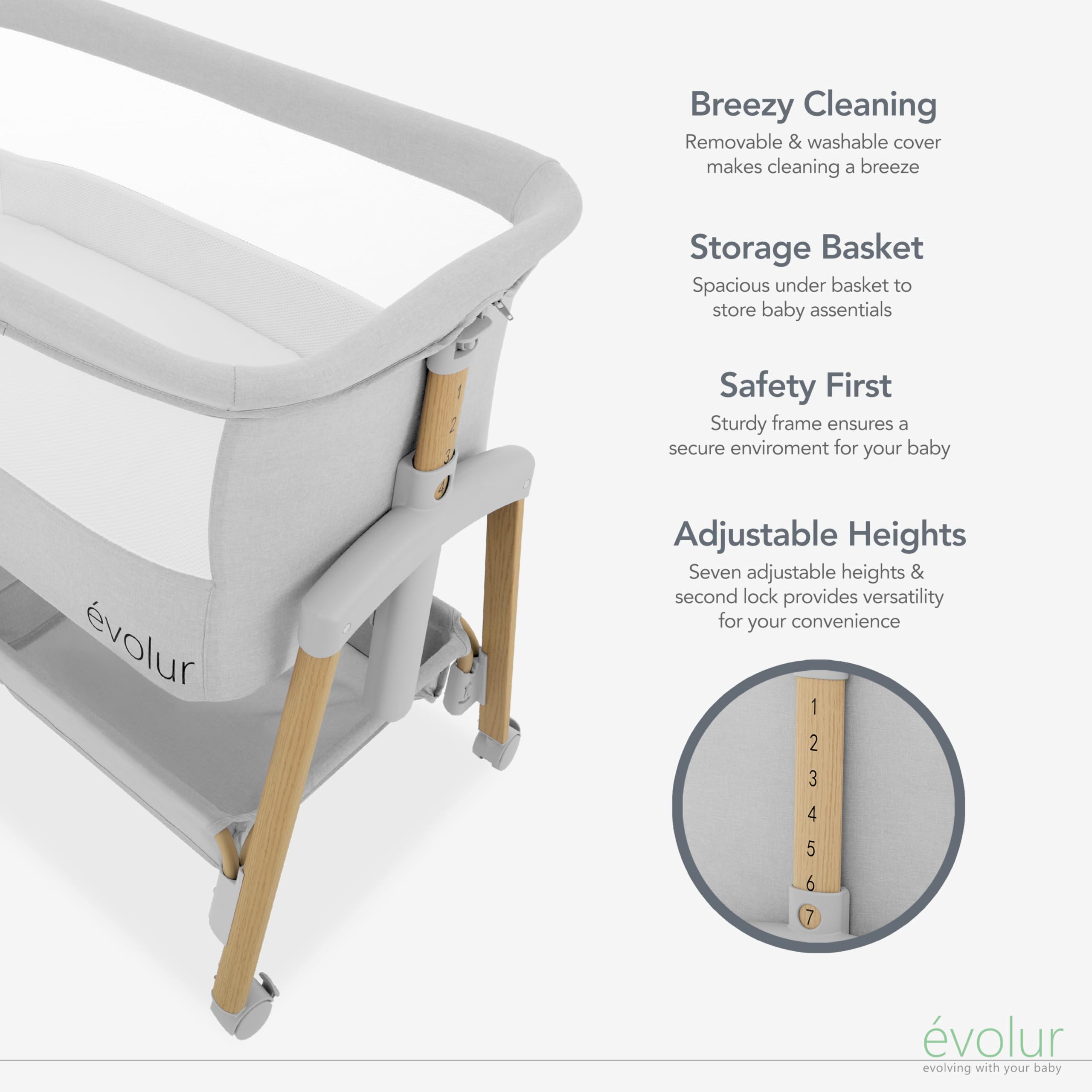 Evolur Lullaby Portable Baby Bassinet with Wheels - 7 Adjustable Heights, Breathable Mesh Sides, Large Storage Basket - Easy Fold & Carry for Travel - Perfect for Nursery, Bedroom & On-the-Go Parents (Includes Travel Bag)