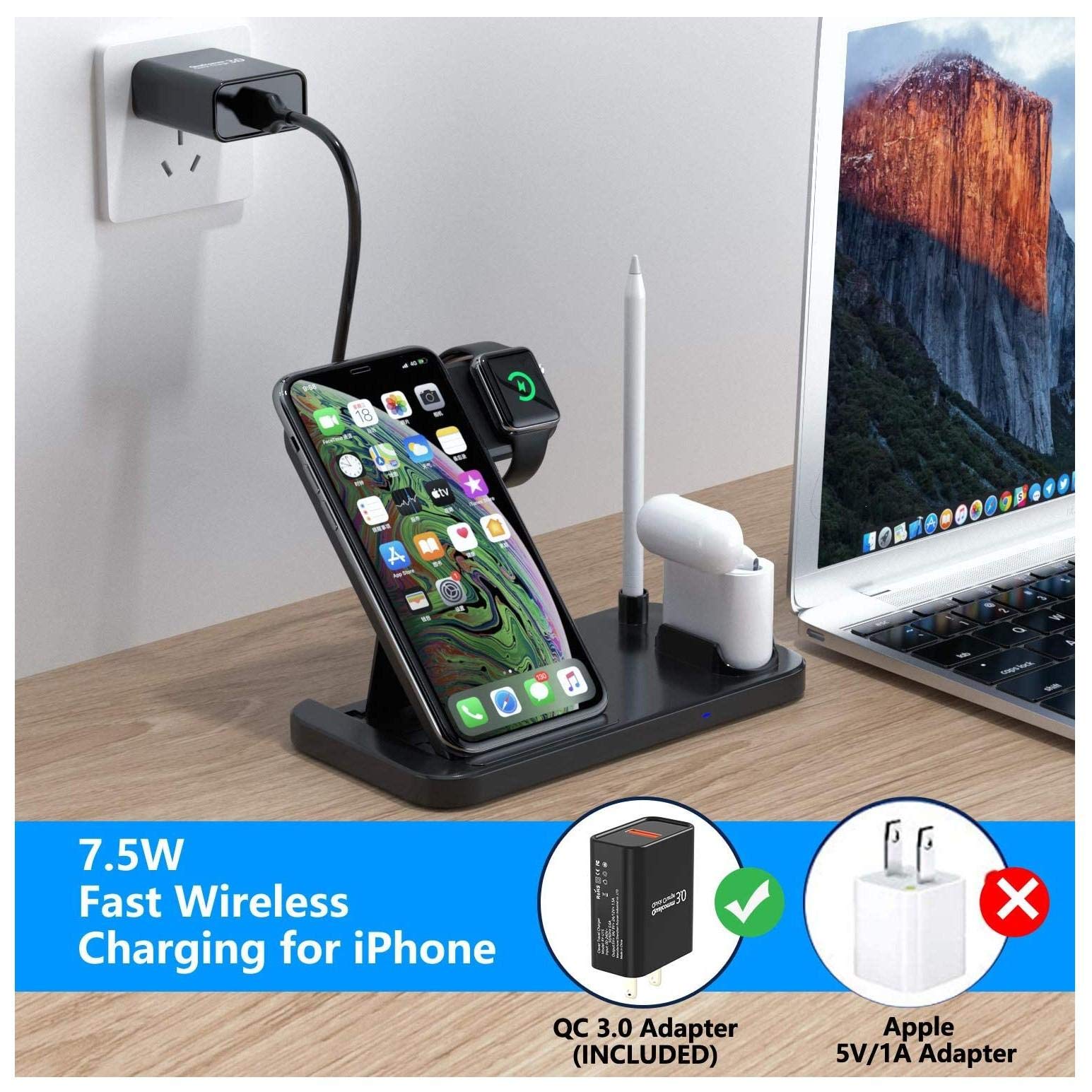 BoxWave 4-in-1 Wireless Charging Stand for iPhone 12 Mini - Qi Certified Multi-Device Desktop Charger with Fast Charging | Perfect for Home, Office, and Travel Use