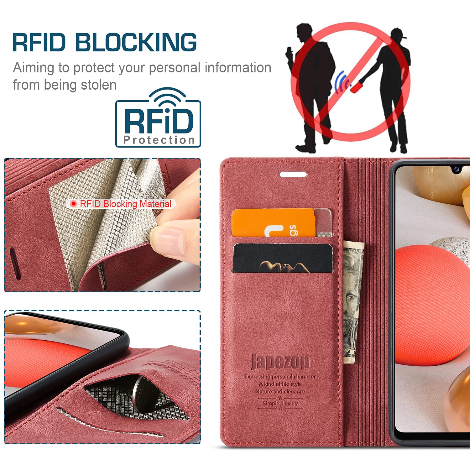 Samsung Galaxy A42 5G Leather Wallet Case with RFID Blocking, Card Holder & Kickstand - Magnetic Flip Cover for 6.6 Inch Phone (Red) - Perfect for Travel, Work & Everyday Protection