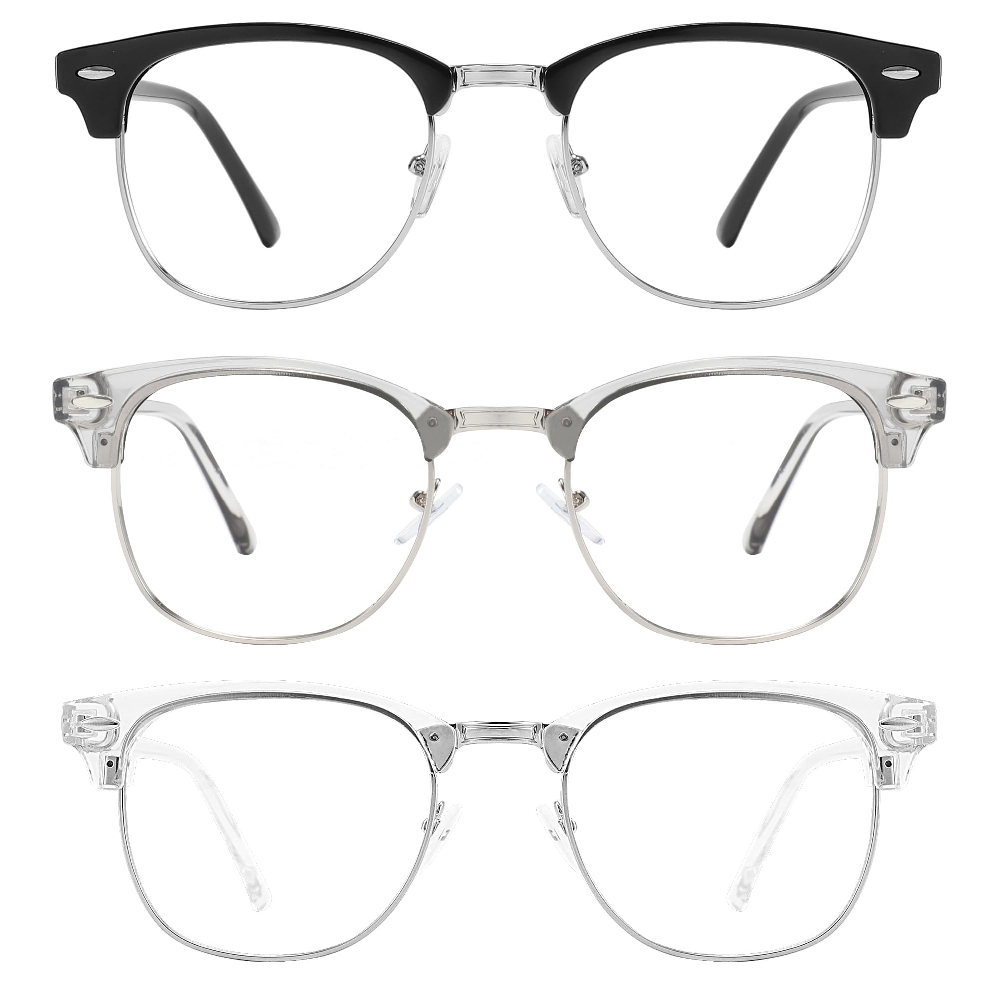 Blue Light Blocking Glasses for Men & Women - UV400 Protection Computer Eyewear - Retro Round Semi-Rimless Design - 3-Pack (Black, Grey, Transparent) - Reduce Eye Strain for Work, Gaming & Screen Time