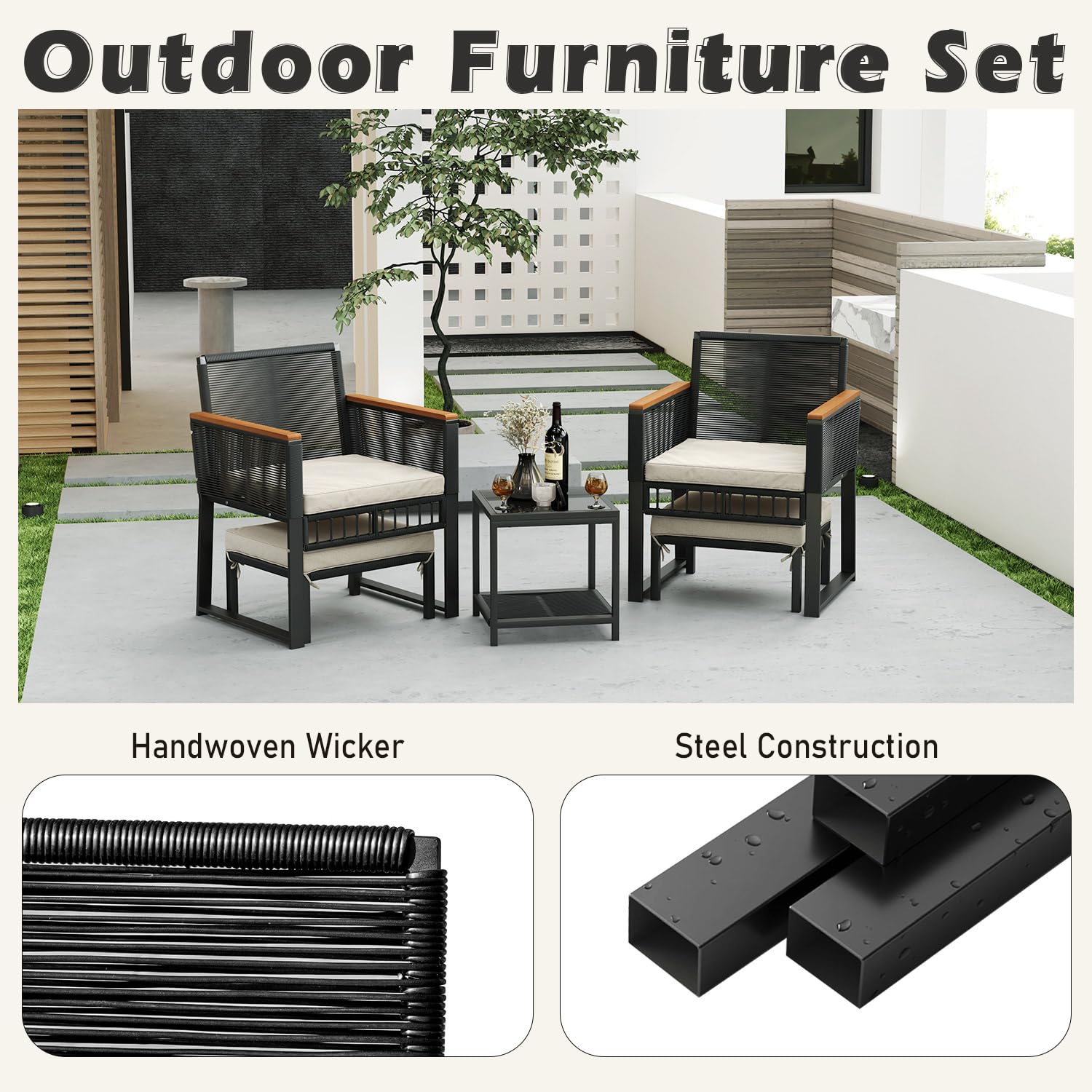 5-Piece Outdoor Patio Furniture Set with Wicker Chairs, Coffee Table & Ottoman - Durable Rattan Conversation Set for Porch, Balcony, Backyard, Poolside Relaxation | Perfect for Outdoor Entertaining & Lounging