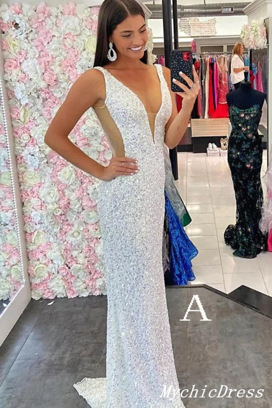 Sparkling Sequin Prom Dresses for Women - Iridescent White Long V-Neck Mermaid Evening Gown for Homecoming, Pageant & Formal Events