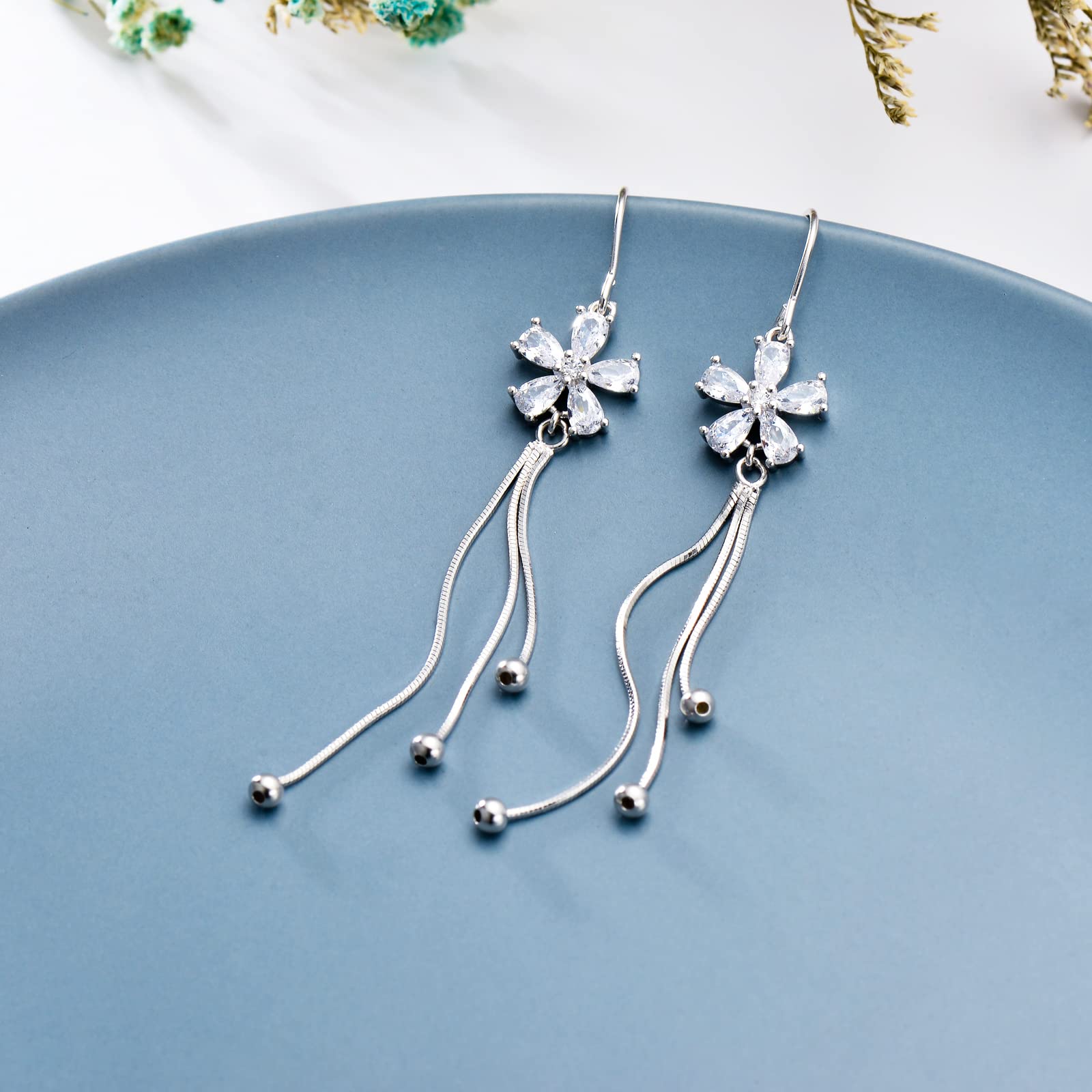 Sterling Silver Threader Earrings with Cubic Zirconia - Elegant Flower, Star, Heart & Butterfly Charms | Long Dangle Drop Earrings for Women & Girls | Perfect for Parties, Weddings & Everyday Wear