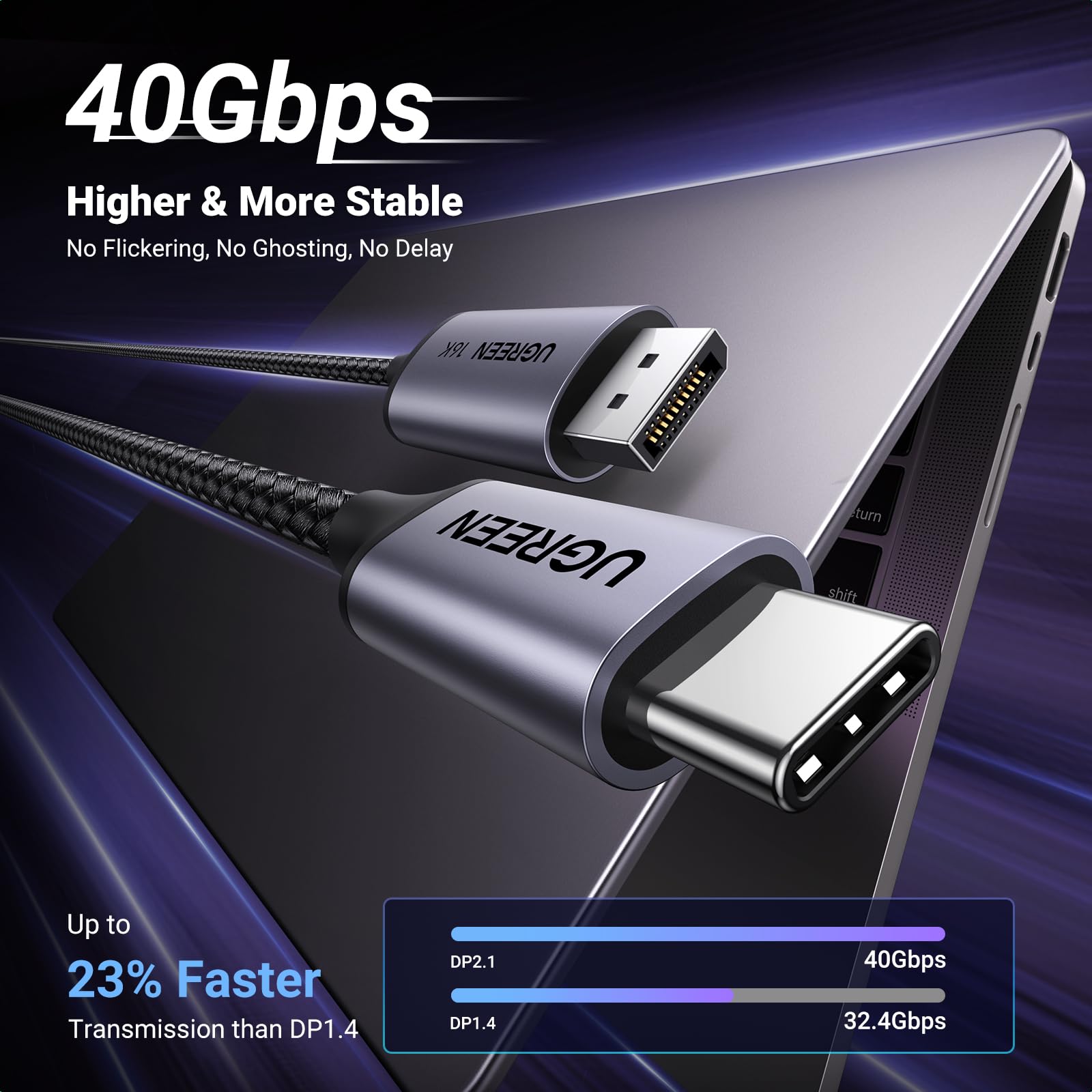 UGREEN USB C to DisplayPort 2.1 Cable 16K@30Hz 8K@120Hz 40Gbps Thunderbolt 4/3 Compatible with MacBook Pro/Air, iPad, iPhone 16/15 Pro Max, Galaxy S25, XPS | Aluminum Braided 3.3FT Cord for Ultra HD Gaming & 4K Video Editing