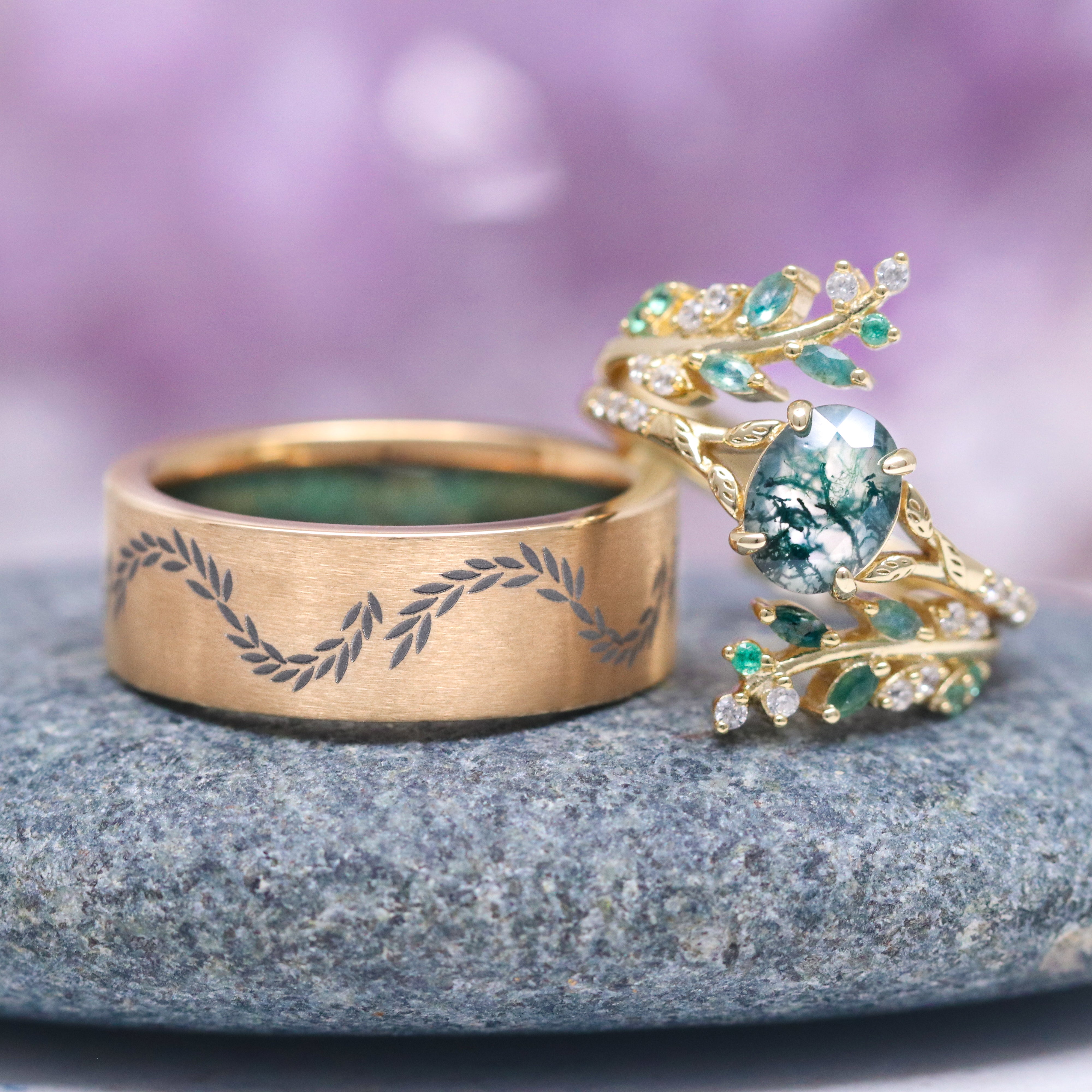 Exquisite Green Moss Agate & Emerald Leaf Engagement Ring Set - 14K/18K Solid Yellow Gold Wedding Jewelry for Nature-Inspired Brides