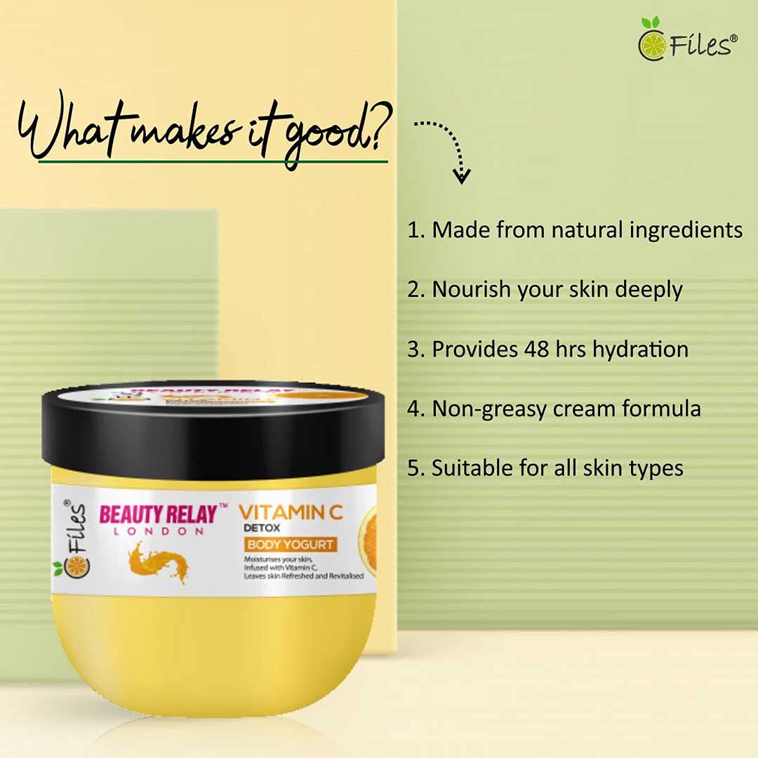 Beauty Relay London Vitamin C Body Yogurt - Detox, Moisturizing & Rejuvenating Lightweight Non-Greasy Formula with Shea Butter, Goji Berry & Kakadu Plum for Soft, Supple Skin (200g) | Perfect for Daily Hydration & Post-Workout Skin Recovery
