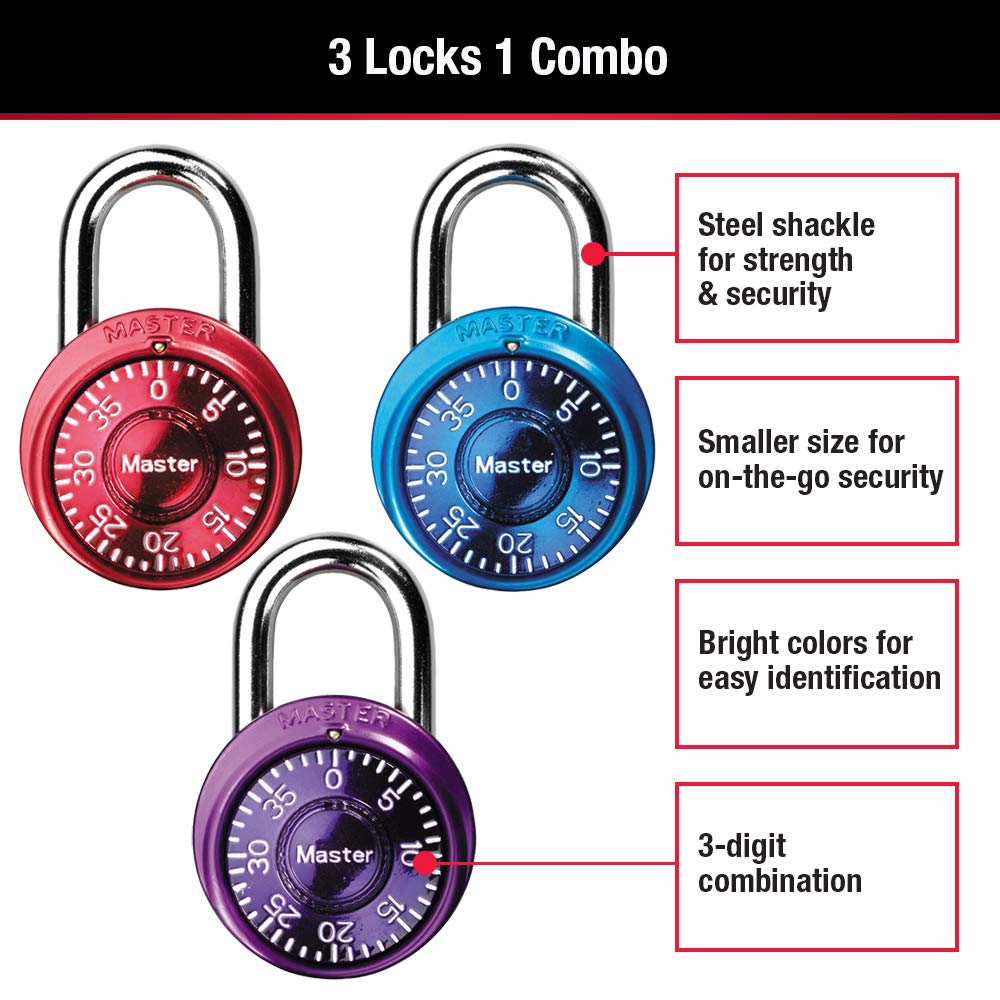 Master Lock 1533TRI Mini Combination Padlock - 3-Pack Secure Locker Lock (Colors May Vary) - Ideal for School Lockers, Gym Bags & Storage Security