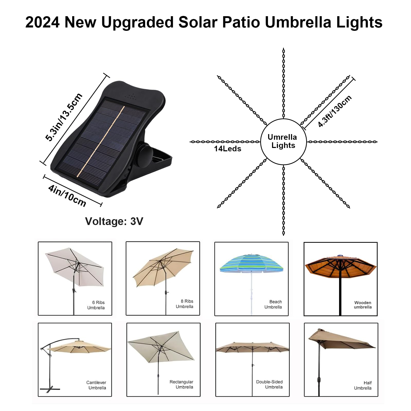 Solar Umbrella Lights Outdoor - 112 LED Waterproof Patio Lights with 8 Lighting Modes & 3V Solar Panel Clip - Perfect for Beach, Deck, Garden, Camping Tents & Party Decorations