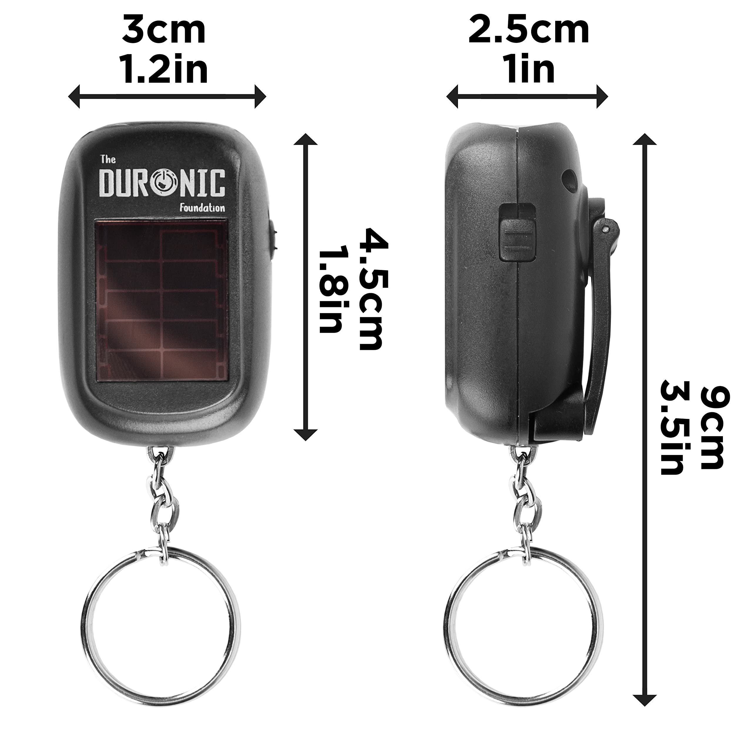 Duronic Keyring LED Torch DF01 - Rechargeable Pocket Flashlight with 2-Way Charging (Solar Panel & Hand Crank), 8 Lumens, Battery-Free Keychain Light for Camping, Hiking & Emergency Use