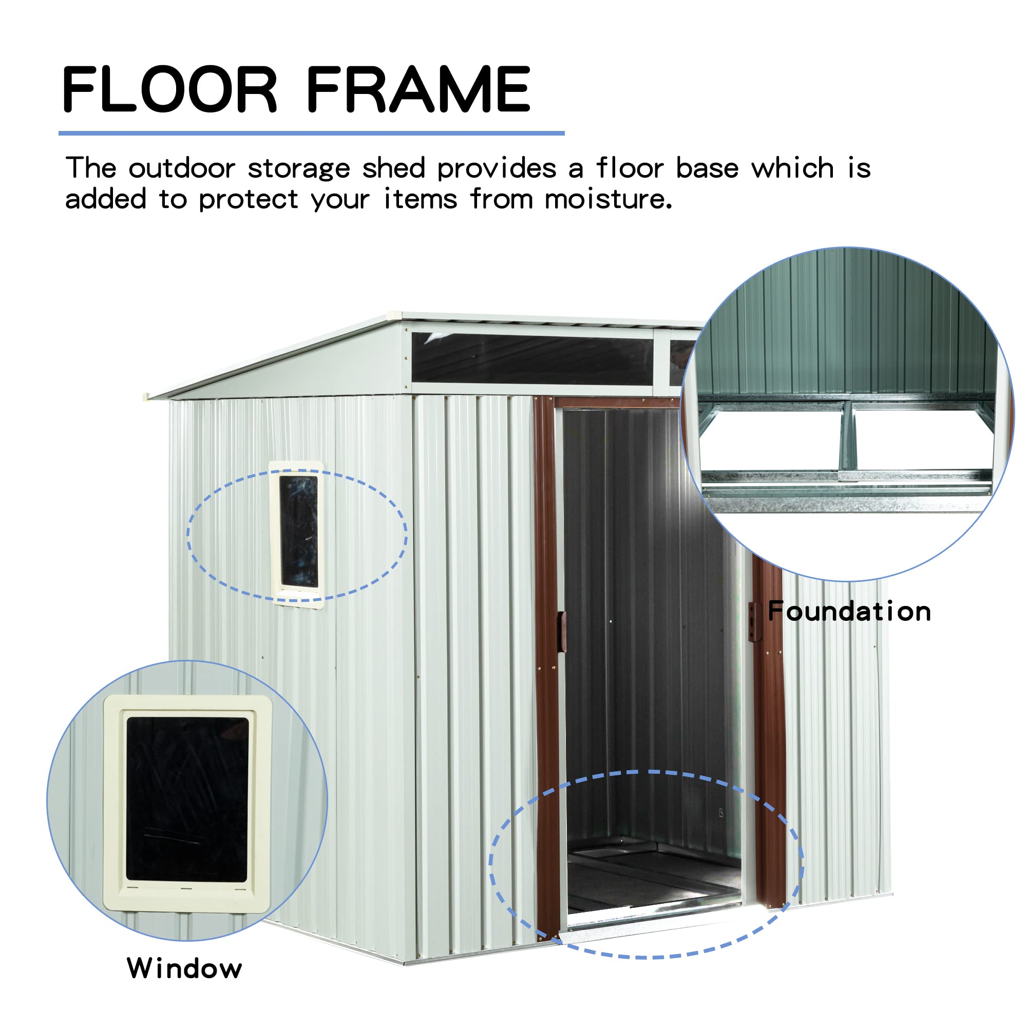 6.4 x 5ft White Steel Outdoor Storage Shed with Floor Frame & Double Lockable Doors - Durable Metal Garden Tool Shed for Backyard, Patio, Lawn Organization (Includes Side Window) | Perfect for Storing Lawn Mowers, Gardening Tools & Outdoor Equipment