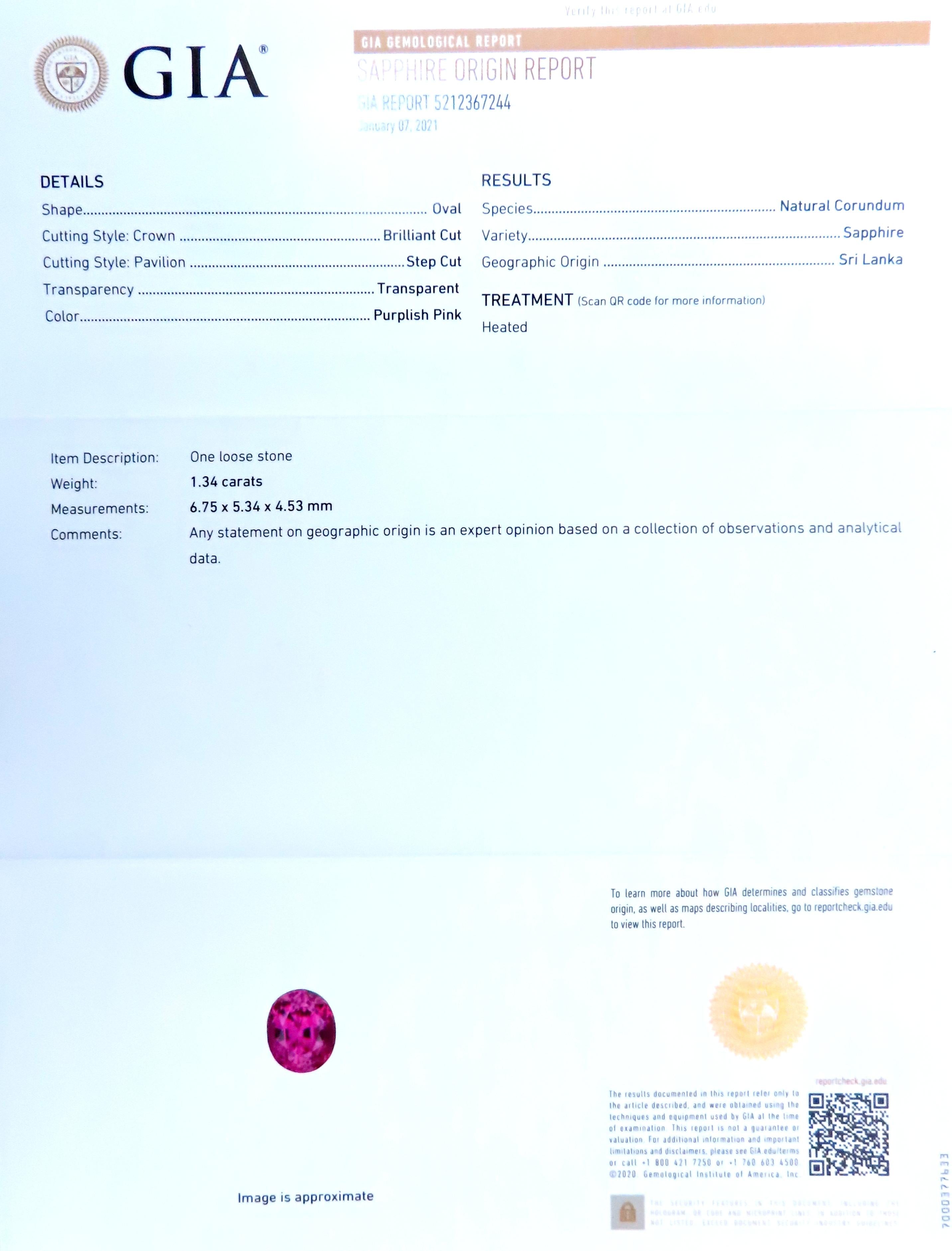 GIA Certified 1.34ct Natural Purple Pink Sapphire Ring in 18K Gold - Elegant Engagement & Wedding Jewelry for Women