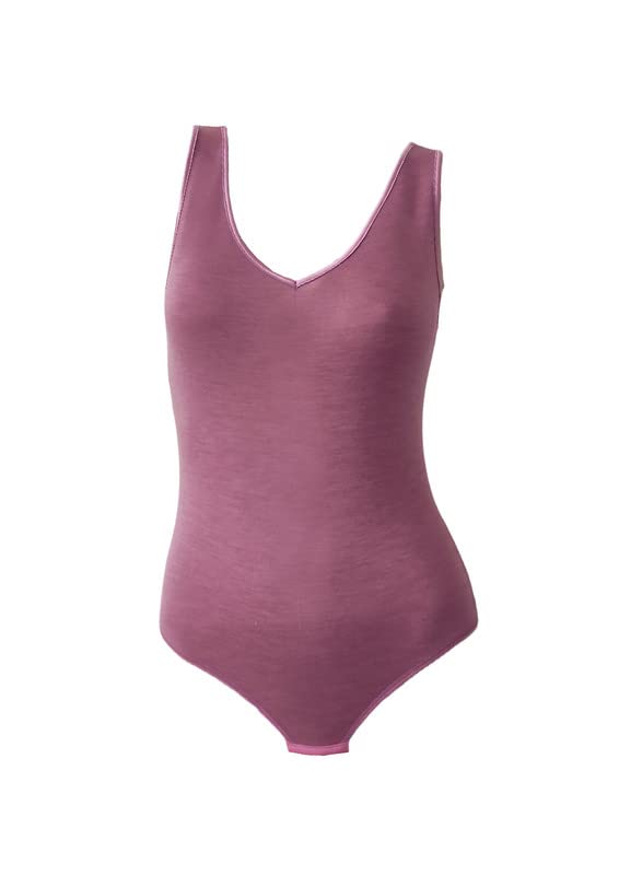 Italian Merino Silk Wool Women's Bodysuit - Wide Shoulder V-Neck Clessidra Underwear, Wool Leotard for Yoga, Ballet & Layering | E-8511
