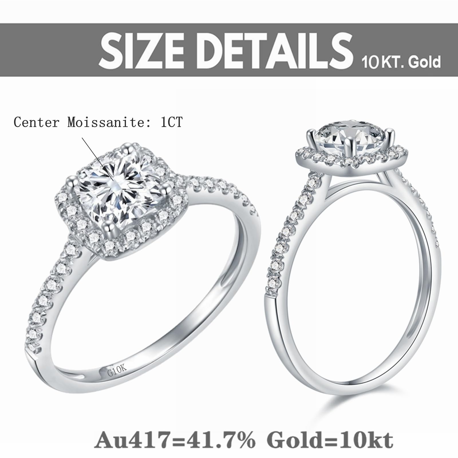 1.25ct Moissanite Cushion Cut Halo Engagement Ring for Women - 10K White Gold Wedding Anniversary Jewelry - Perfect for Proposals, Bridal Sets & Special Occasions