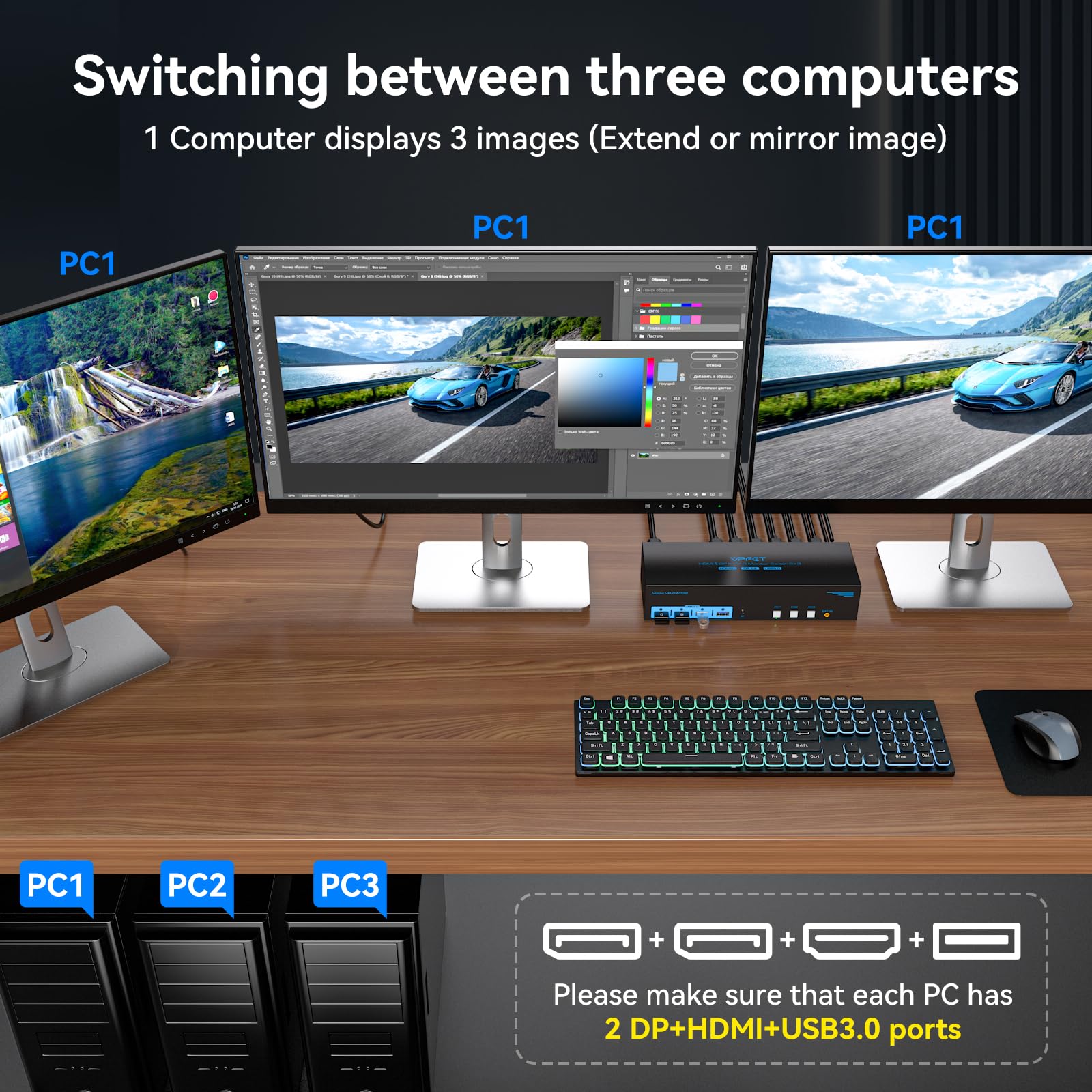 8K 4K144Hz HDMI KVM Switch with 2 DisplayPort - Triple Monitor for 3 Computers, USB 3.0 Hub, Extended/Copy Mode - Perfect for Gaming, Office & Multi-Tasking Workstations