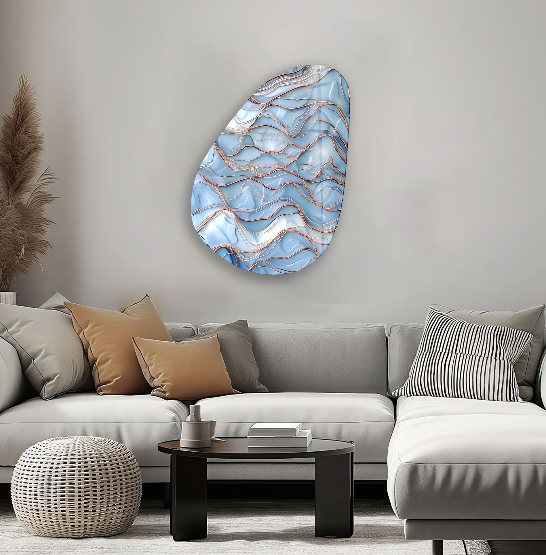 Blue Golden Marble Glass Wall Art - Handmade Asymmetrical Oval Design for Living Room, Bedroom & Office Decor | Modern Abstract Home Wall Decor