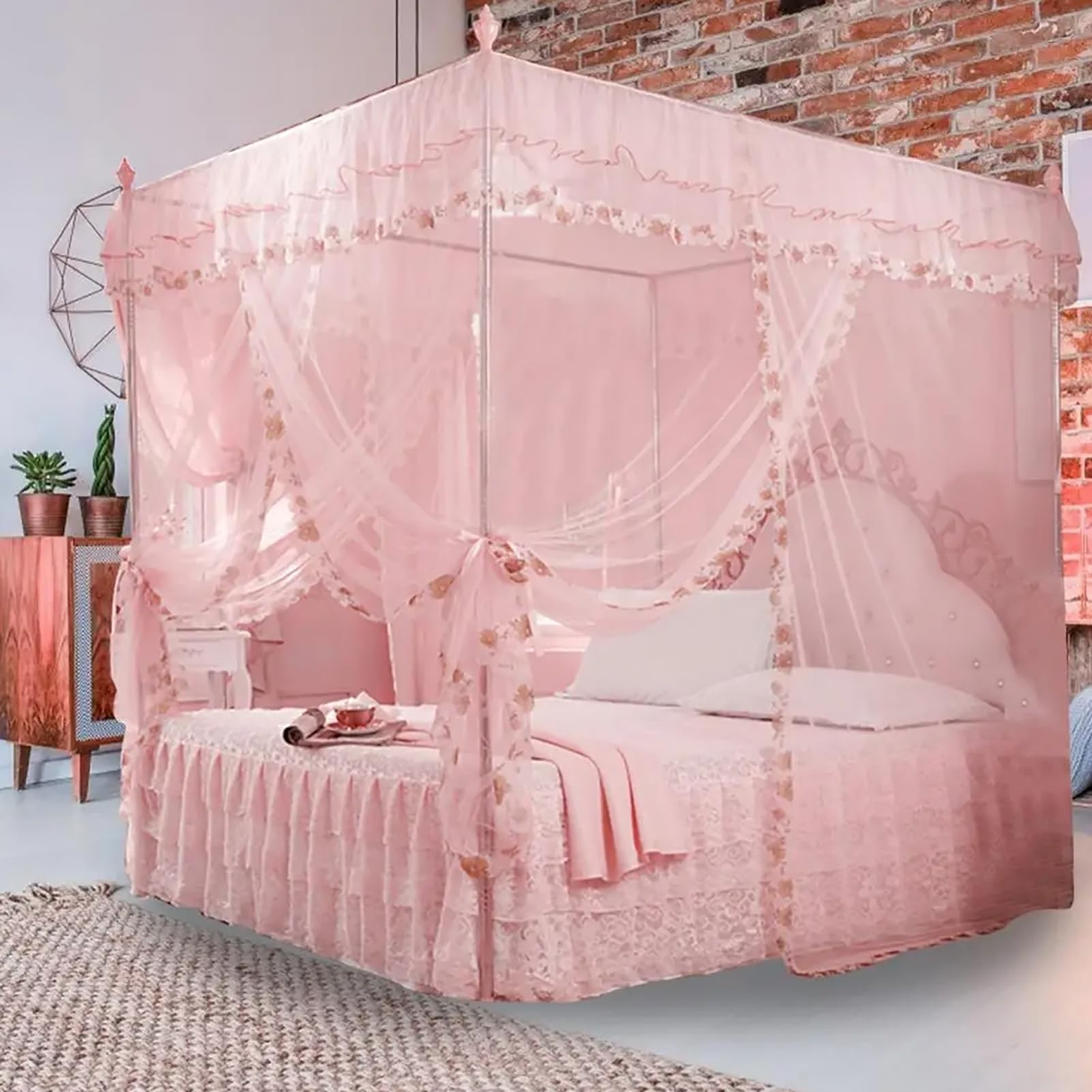 Luxury Mosquito Canopy Net for Bed - 4 Corner Post Bed Canopy with 3 Side Openings, Pink 1.8M x 2.2M - Perfect for Bedroom, Nursery & Outdoor Camping Protection
