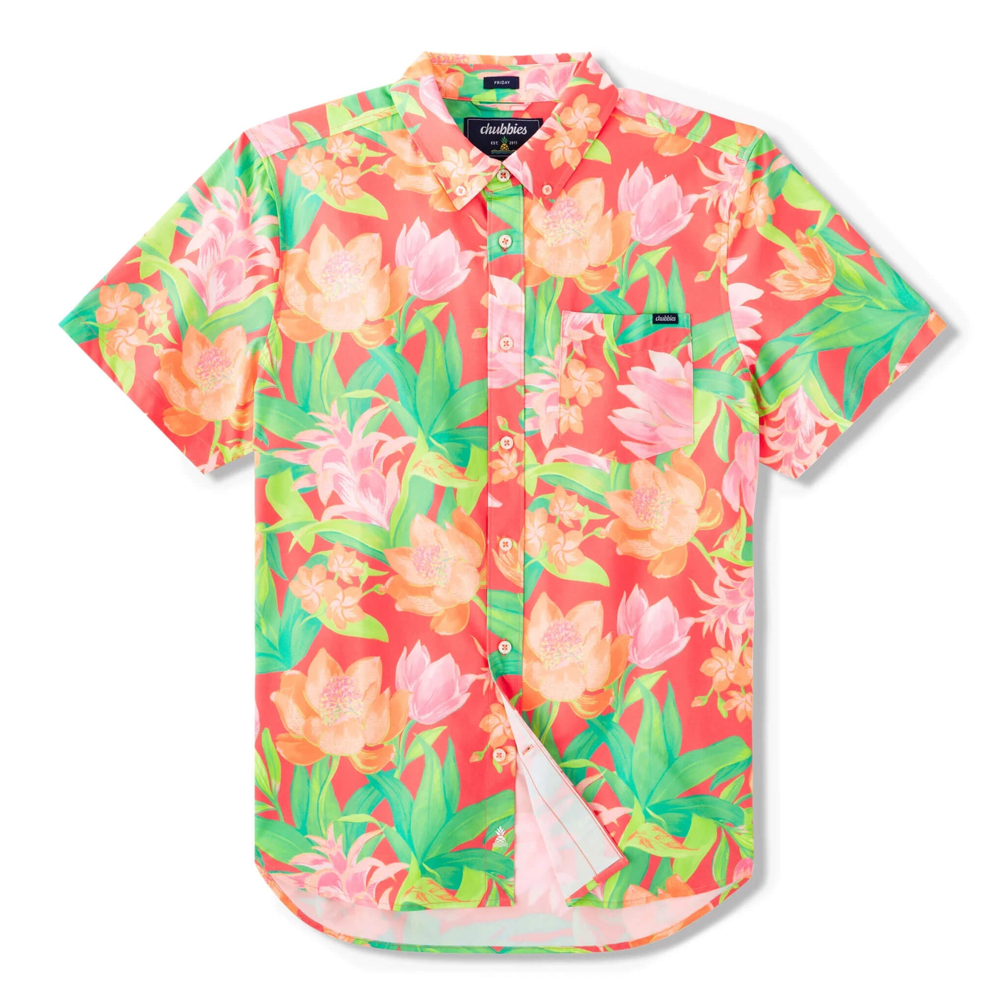 Chubbies Tropic Like It's Hot Performance Short Sleeve Sport Shirt - Coral | Moisture-Wicking Activewear for Beach, Golf & Summer Outdoor Activities