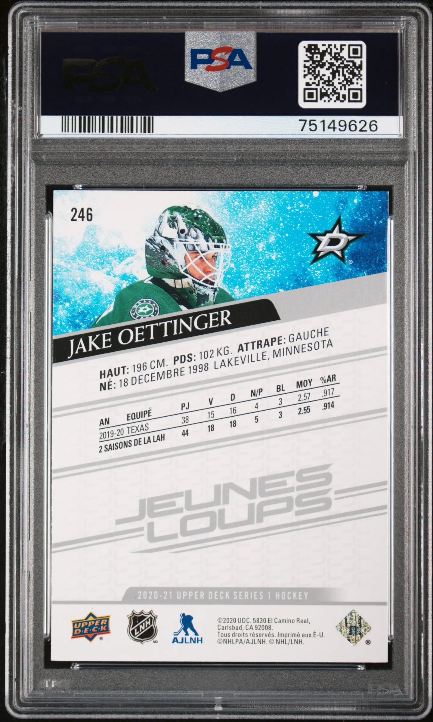 2020-21 Upper Deck Series 1 Hockey Jake Oettinger Young Guns Rookie Card #246 PSA 9 Mint - Perfect for Collectors, Sports Memorabilia Fans & Hockey Card Trading