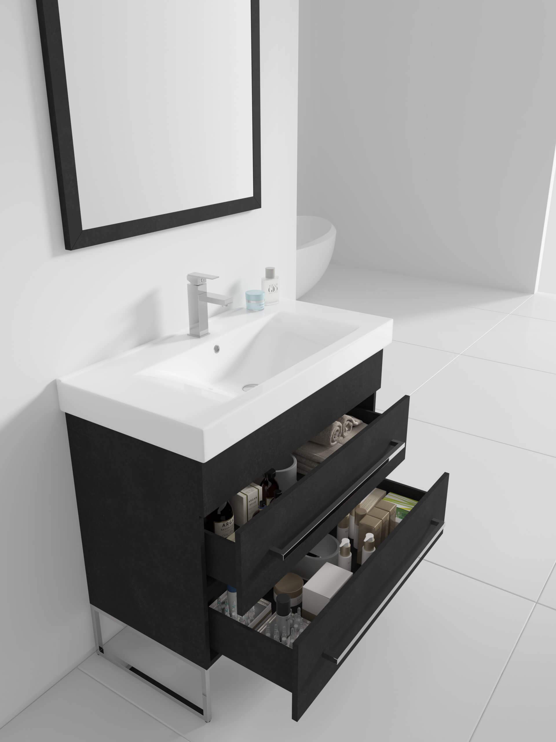 Modern Black Marble 36 Inch Bathroom Vanity Set with Chrome Hardware & Vitreous China Sink Top - Luxury Bathroom Fixture for Master Bath or Guest Bath Remodel