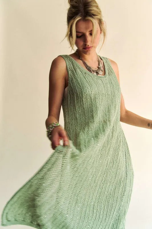 Boho Knit Sleeveless Dress with Side Slit & Matching Bag - Sage Green Beach Cover Up for Summer Vacation, Music Festival, and Casual Outings