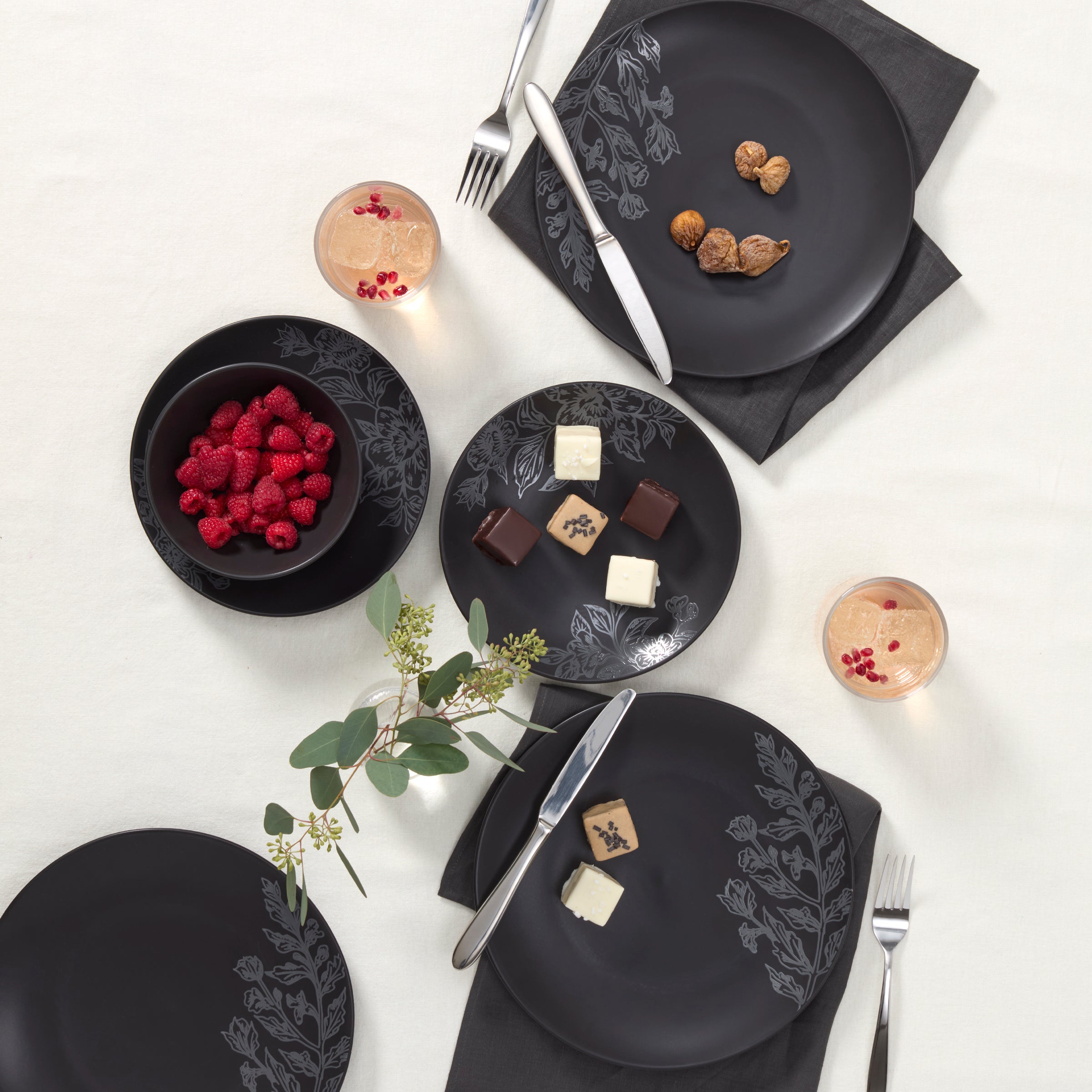 Roseto Charcoal 12-Piece Dinnerware Set - Porcelain Plates, Bowls & Mugs for Family Dining, Dinner Parties & Restaurant Use