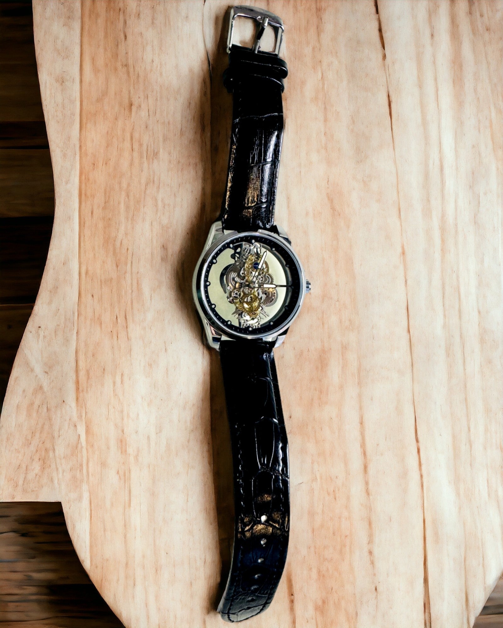 Men's Transparent Dial Quartz Watch - Classic Elegant Black Strap with Engraving Personalization | Perfect for Business, Casual Wear & Gift Giving