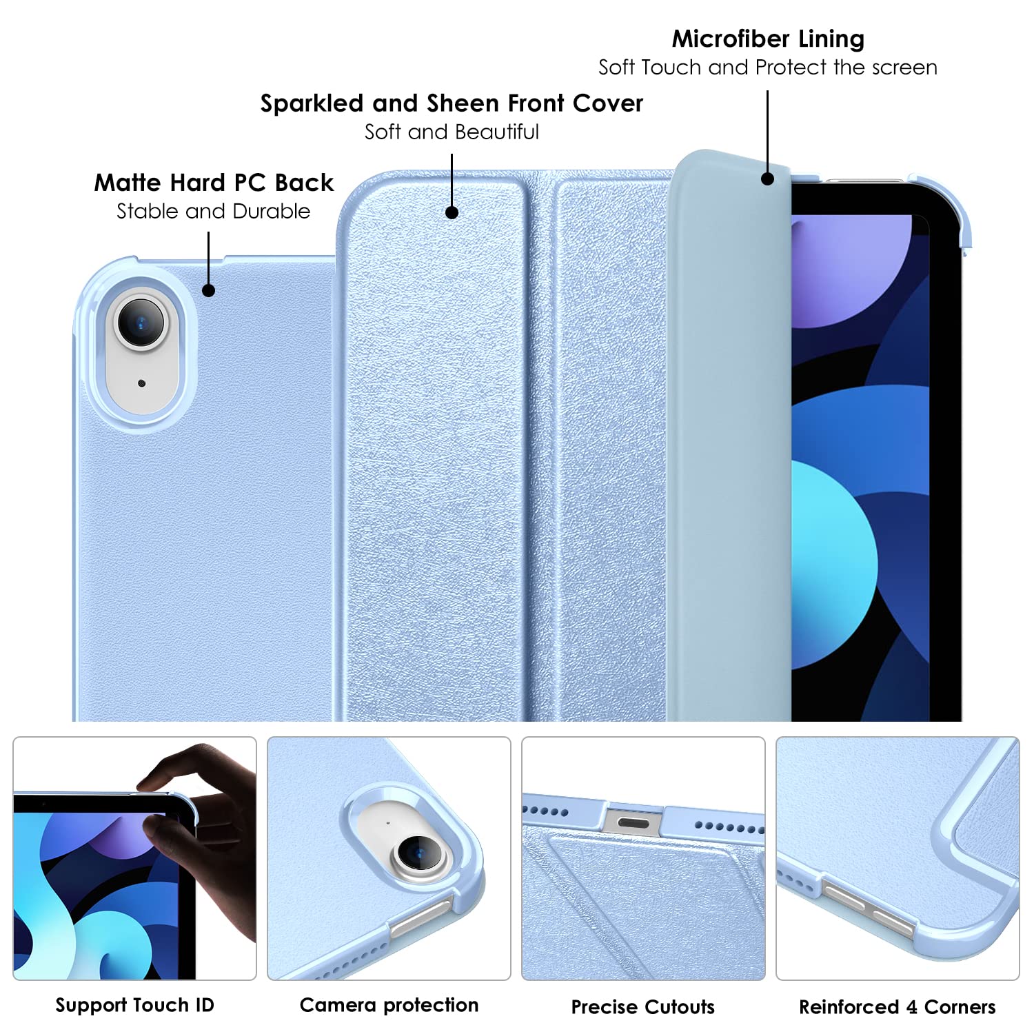 DTTO iPad Air Case 11 inch M2 & 10.9 inch (5th/4th Gen) - Sparkling Hard Back with Sheen Front Cover (2024/2022/2020 Models) - Compatible with 2nd Gen Apple Pencil Charging - Snow Blue - Perfect for Work, School & Travel Protection