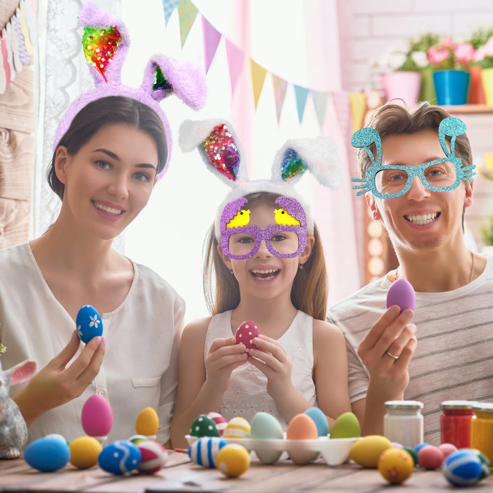 Halovin 18PCS Easter Bunny Headbands & Glasses Set - Cute Rabbit Ears & Chick Egg Hair Accessories for Kids & Adults - Perfect for Easter Party Decorations, Photo Booth Props & Spring Festival Celebrations