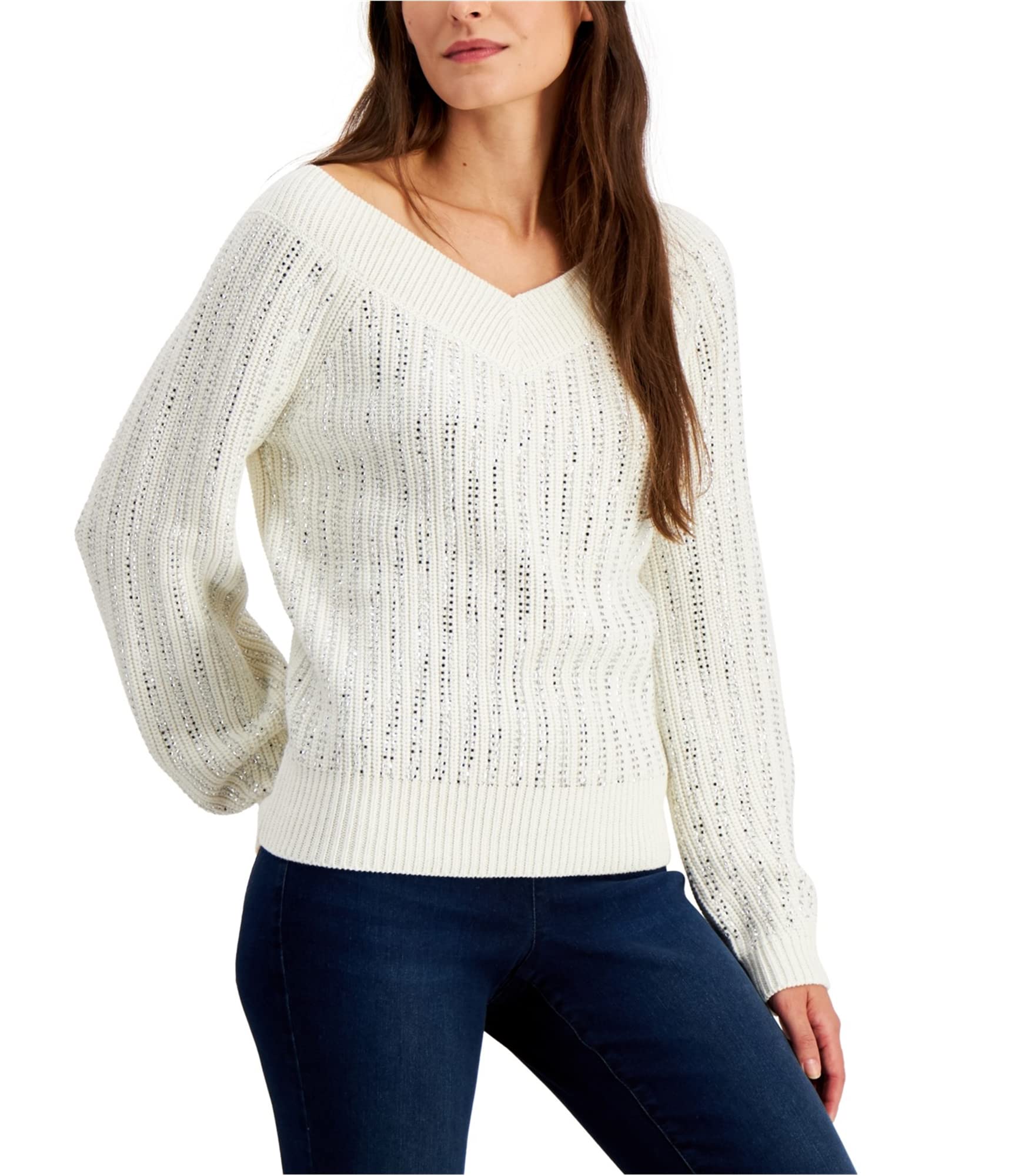 I-N-C Women's Embellished Pullover Sweater - Cozy Knit Top with Rhinestone Details, White, Small | Perfect for Casual Outings, Office Wear & Holiday Parties