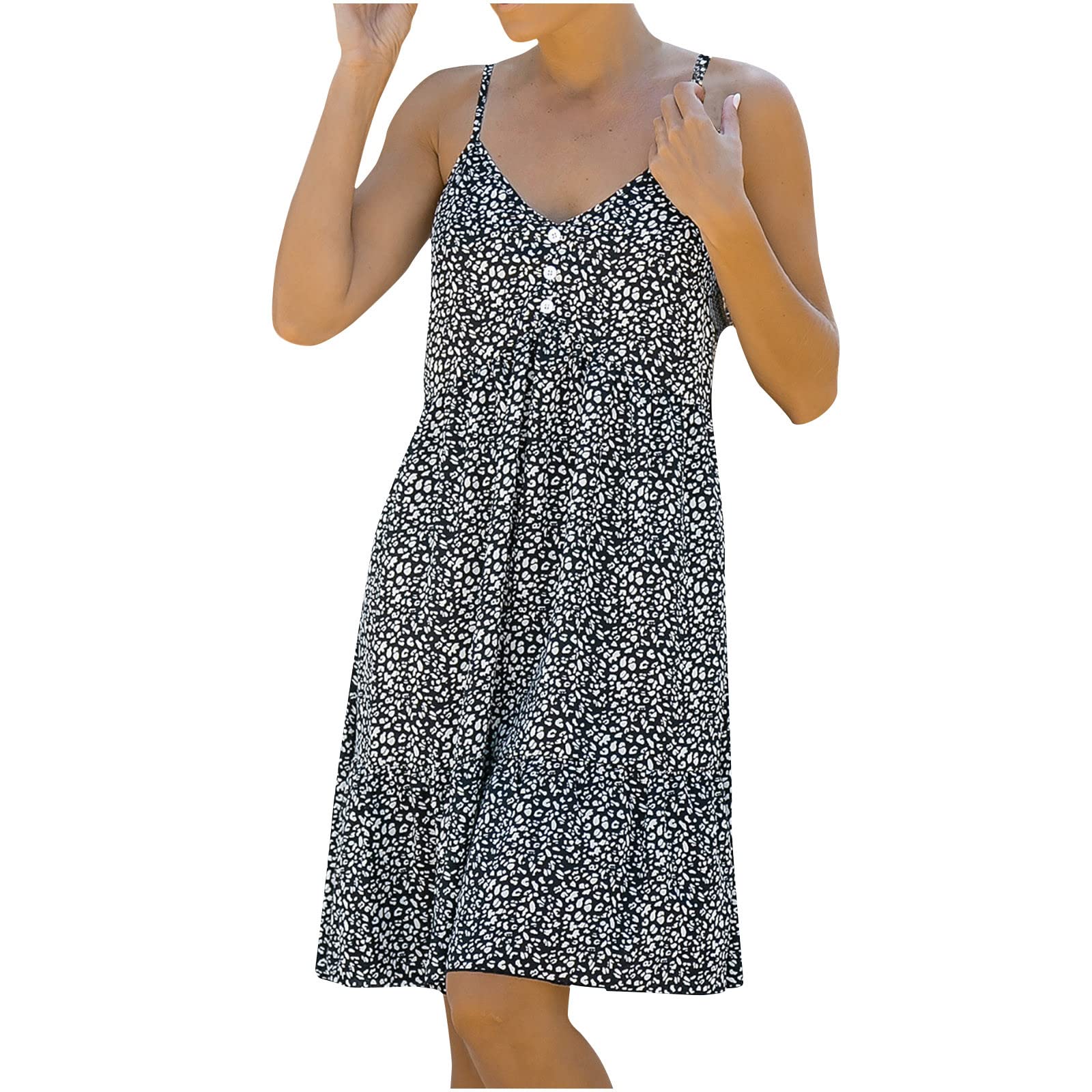 Women's Casual Pleated Backless V-Neck Spaghetti Strap Floral Midi Dress - Boho Summer Beach Swing Dress for Vacation, Date Night & Outdoor Parties