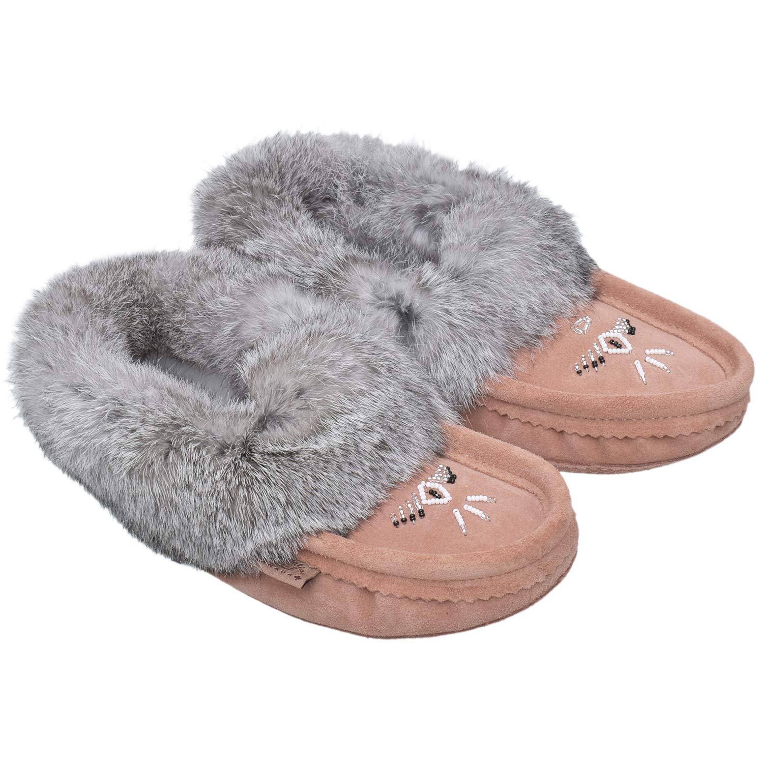 Laurentian Chief Women's Moccasin Slippers with Real Rabbit Fur Trim - Soft Faux Lining Indoor House Shoes - Beaded Style Warm Comfortable Slippers for Women - Perfect for Cozy Evenings, Winter Relaxation & Home Lounging