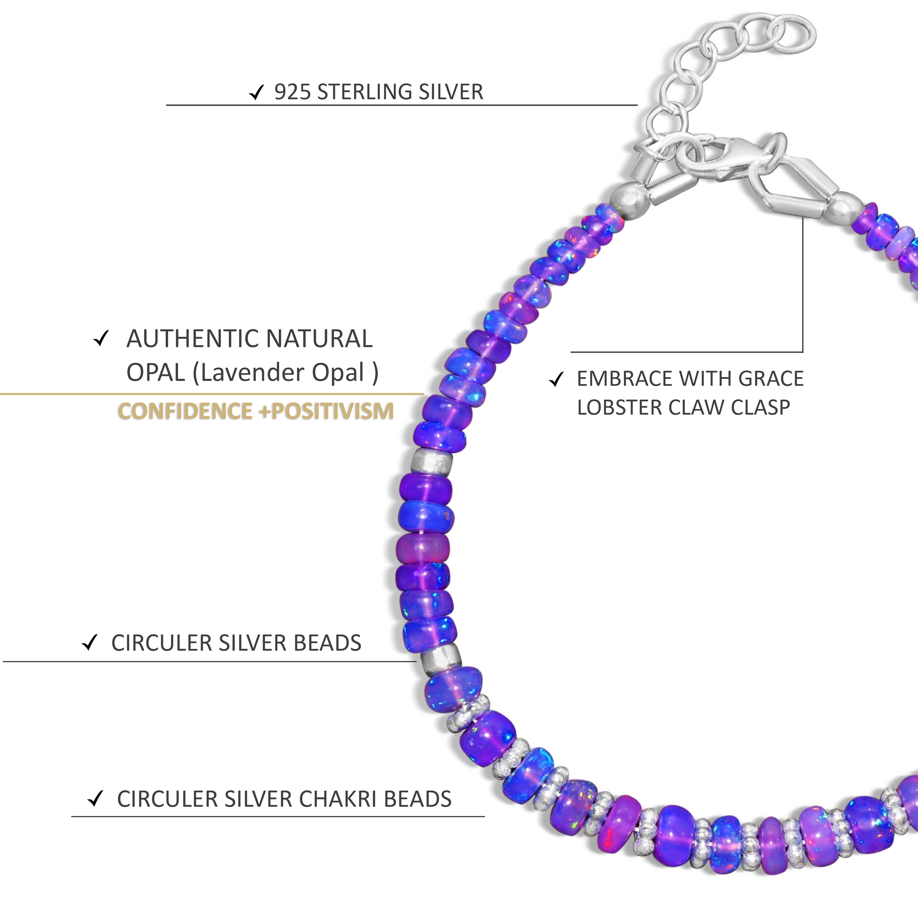 Natural Lavender Opal Beaded Bracelet with Circular Silver Chakri Beads - Boho Chic Jewelry for Women, Spiritual Healing & Meditation Accessory, Perfect for Yoga, Reiki & Everyday Wear