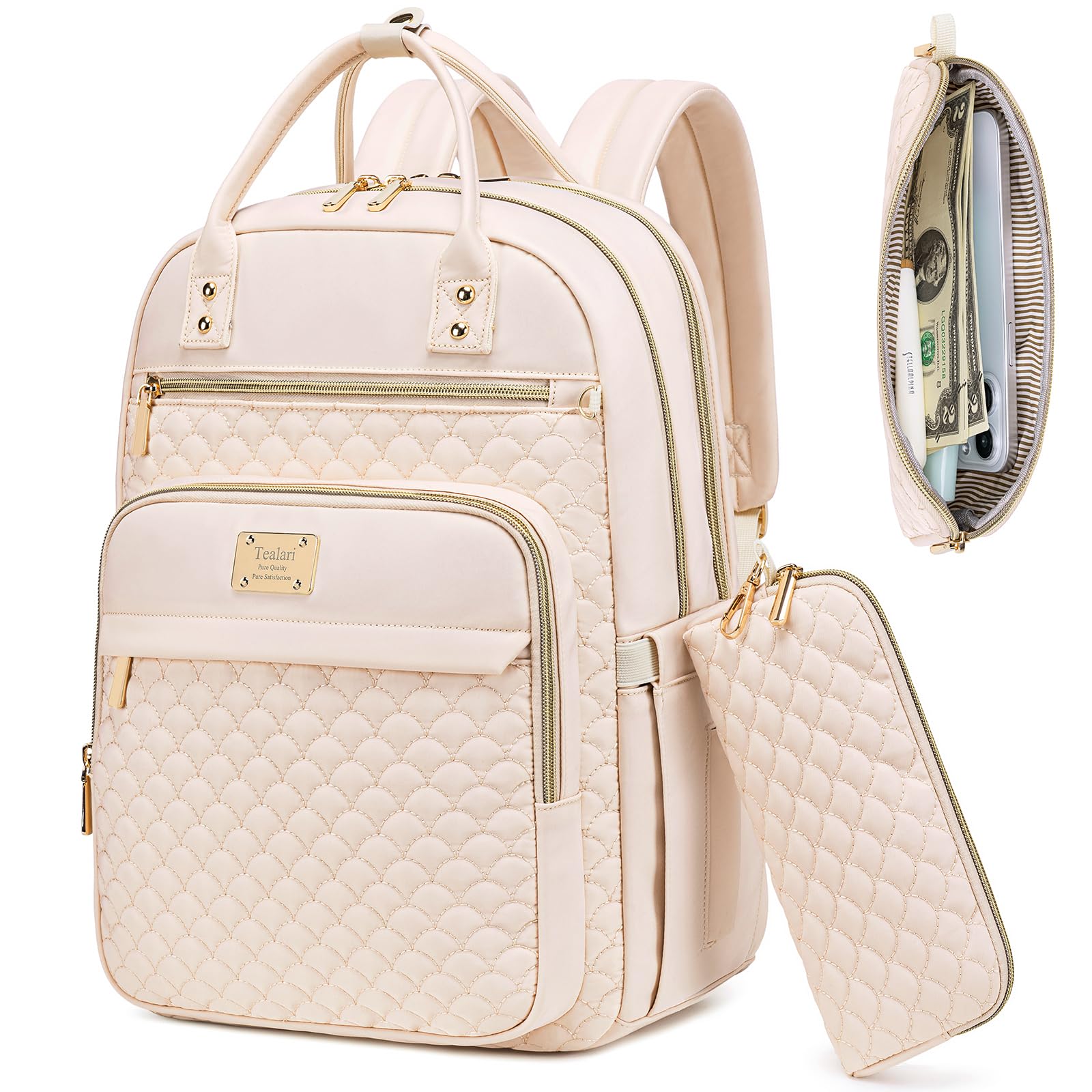 Stylish 15.6 Inch Water Resistant Laptop Backpack for Women - Durable Work & Travel Backpack with Wallet - Perfect for College, Business Trips & Commuting (Beige)