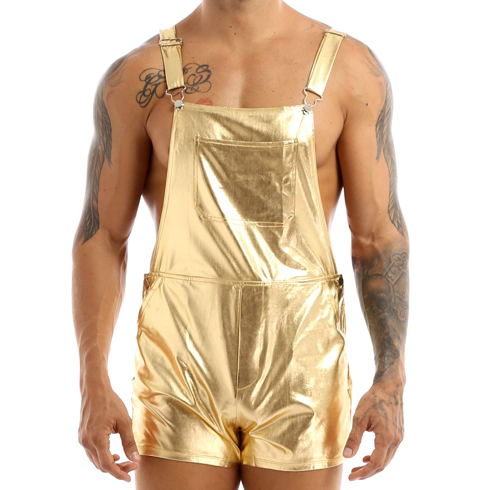 Men's Metallic Bib Overalls - Shiny Shorts for Festival & Fancy Dress