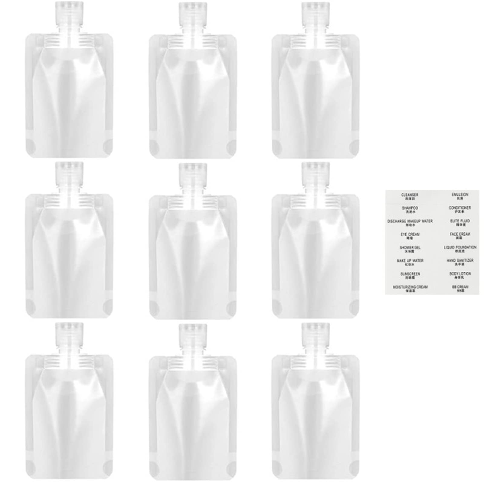 **Leak-Proof Refillable Travel Makeup Pouches – 9pcs 50ml Transparent Clamshell Squeeze Bags for Cosmetics, Skincare & Toiletries | Portable, Spout Design, Ideal for Travel, Gym & Daily Organizing**