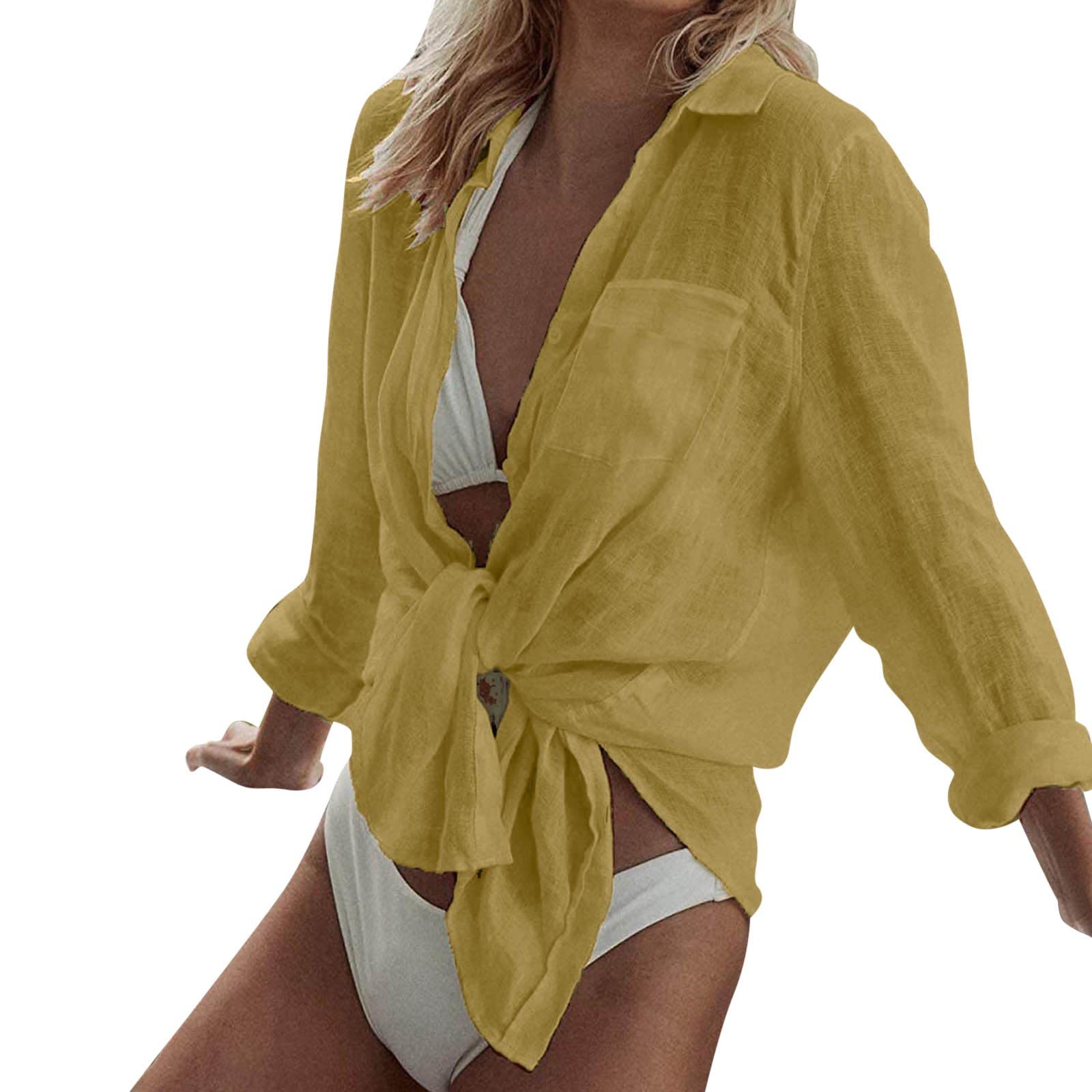 JANWEHIT Women's Long Sleeve Beach Cover Up Shirt - Turn Down Collar Bathing Suit Blouse for Bikini & Swimwear | Perfect for Poolside, Beach Vacation & Summer Outfits