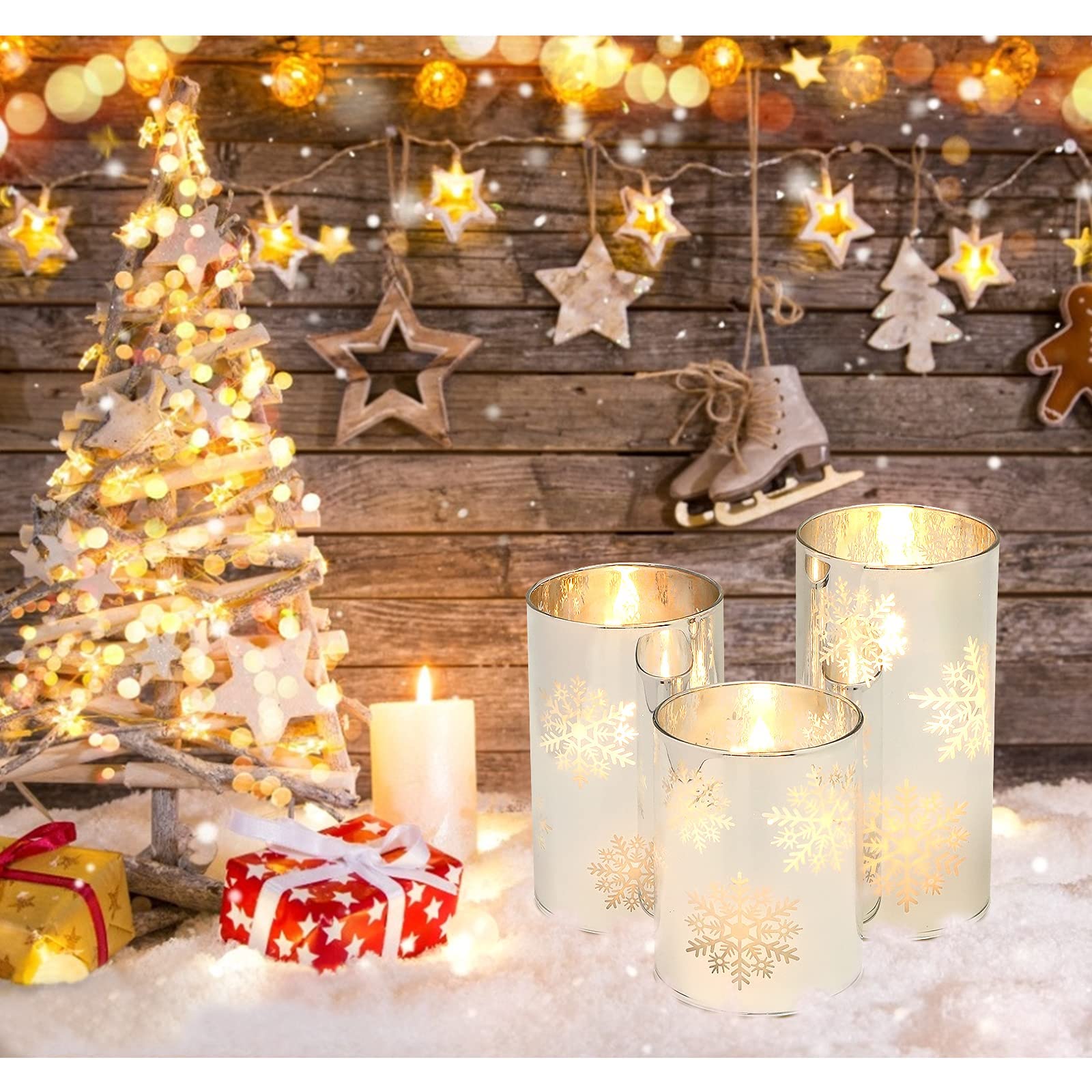 Flameless LED Candles with Remote Control - 3 Pack Christmas Holiday Flickering Candles in Snowflake Glass, Battery Operated for Home Decor, Party, Bathroom & Gift | Perfect for Christmas Decorations, Wedding Centerpieces & Relaxing Ambience