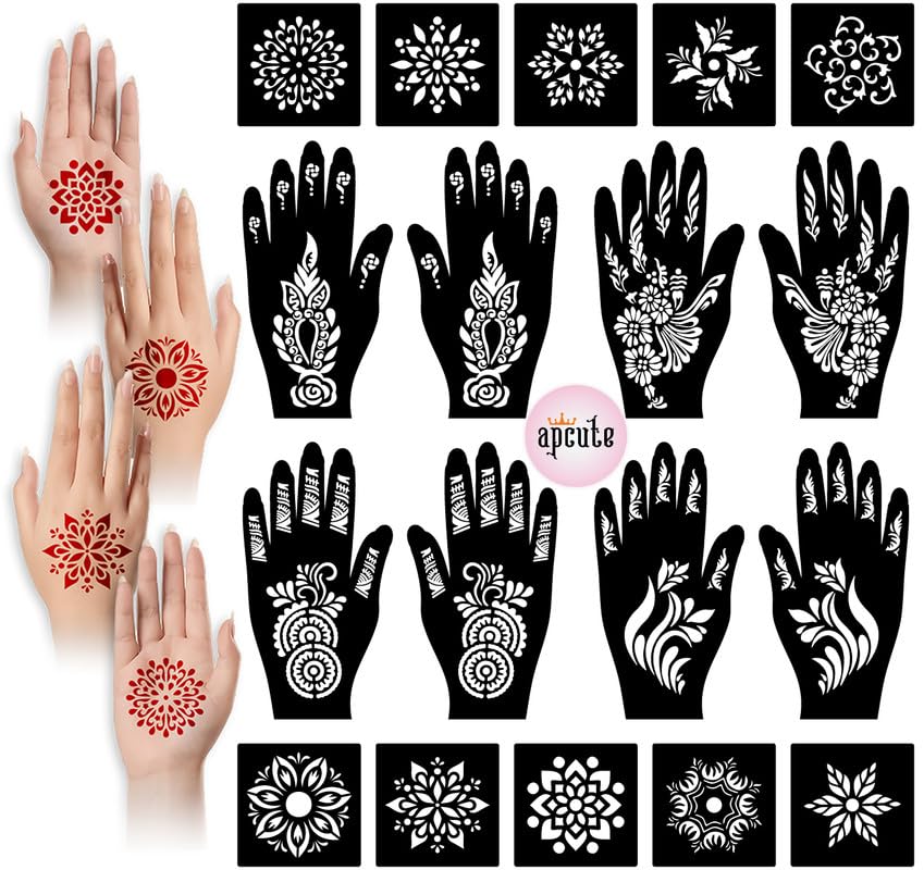 APCUTE Temporary Mehndi Tattoo Stencil Kit - 18 Piece Henna Design Set for Women, Girls & Kids | Easy 4-Step Application | Perfect for Weddings, Festivals & DIY Body Art