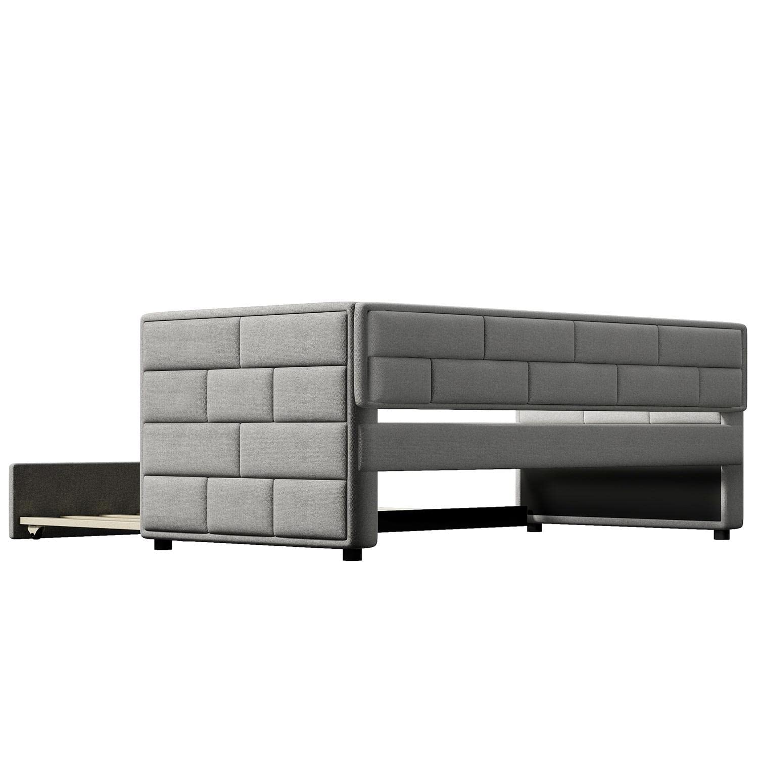 JINS&VICO Twin Size Upholstered Daybed with Trundle - Gray Padded Back Sofa Bed for Small Spaces, Guest Room & Dormitory Use