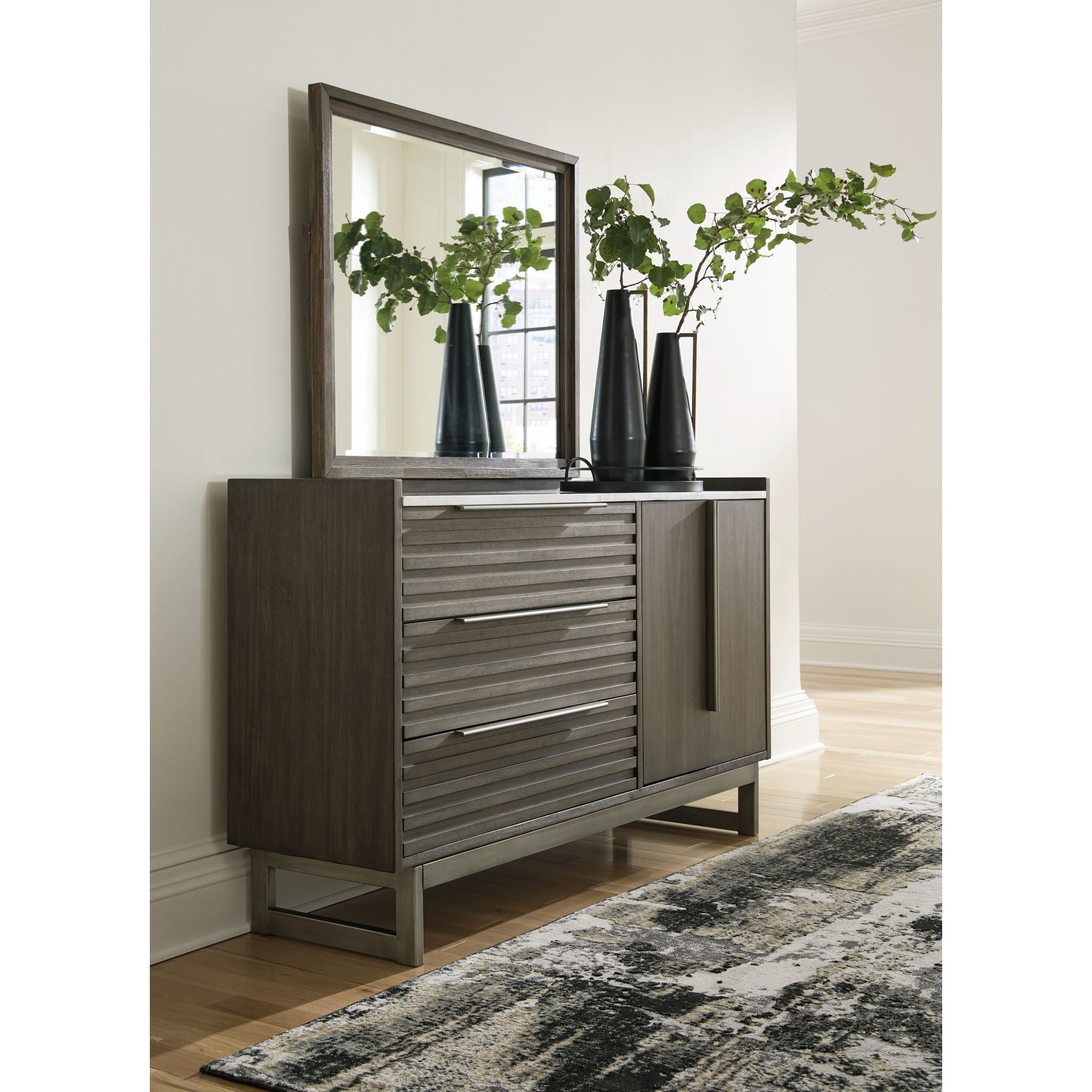 Arkenton 5-Drawer Dresser with Mirror - Grayish Brown Wooden Chest for Bedroom Storage & Organization | Perfect for Master Bedroom, Guest Room, or Nursery