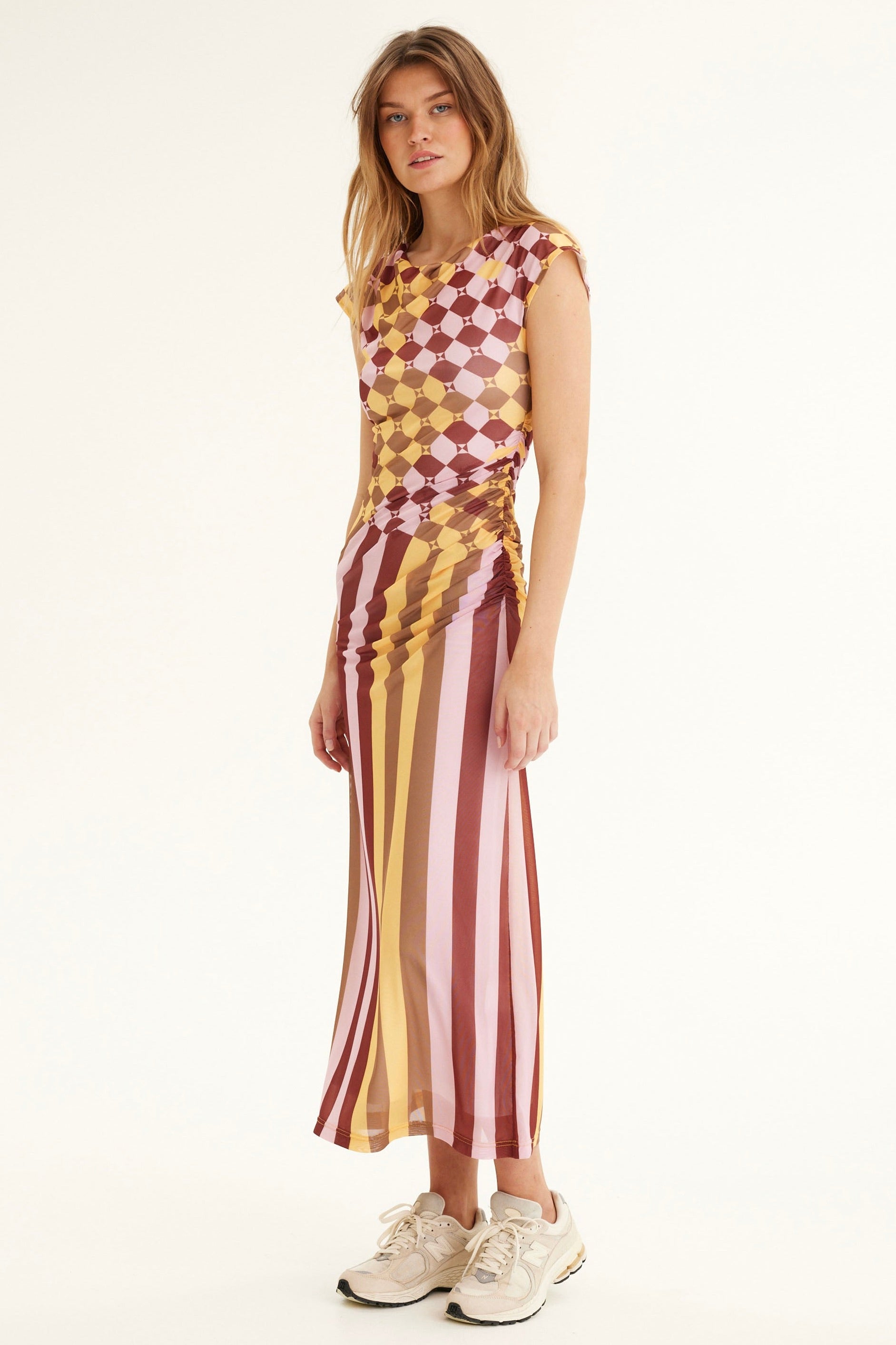 Ike Pink Stripe Check Midi Mesh Dress - Flowy Summer Party Dress for Women, Beach Cover Up, Boho Chic Outfit for Date Night & Vacation