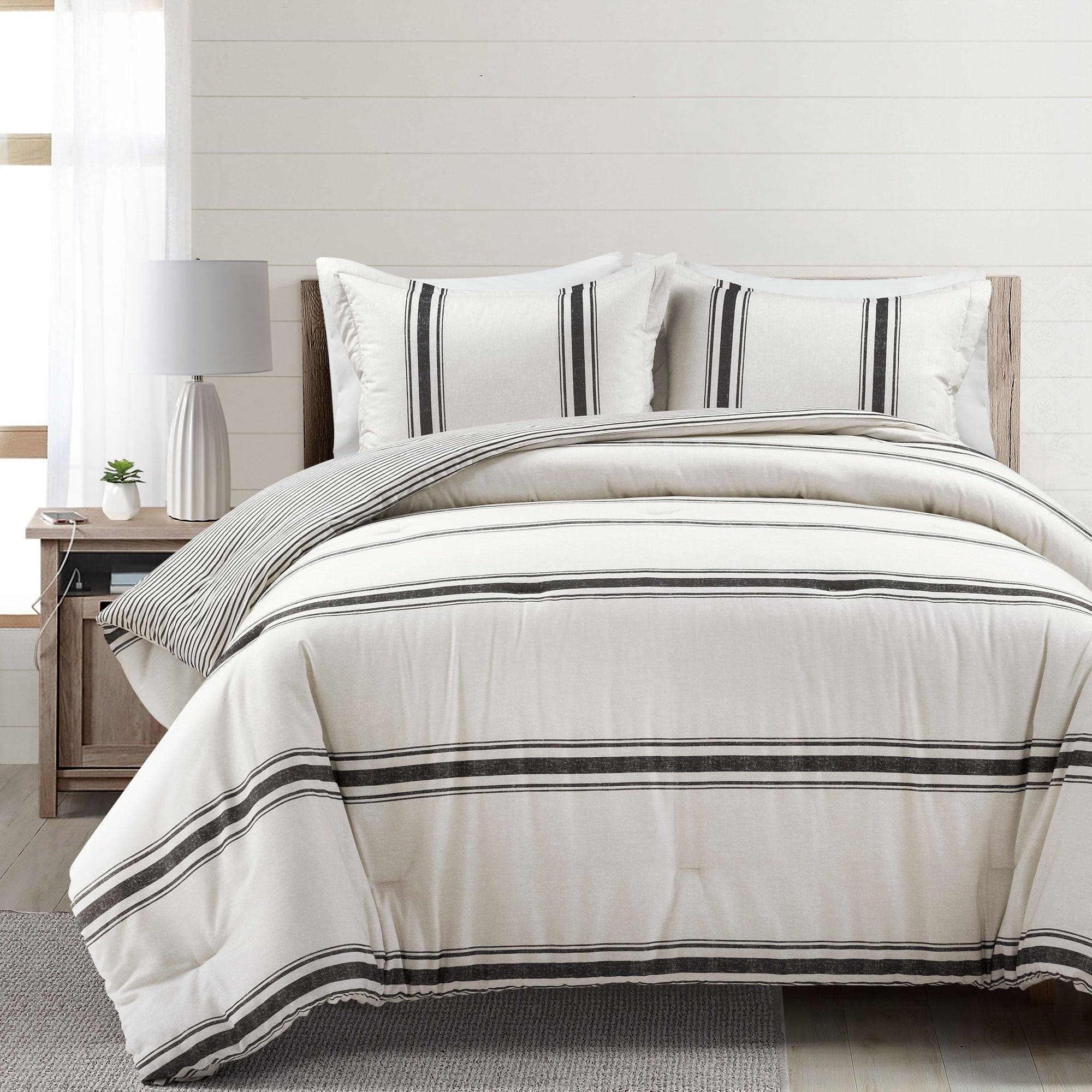 Farmhouse Stripe Reversible Comforter Set - Queen Size, Soft Breathable Cotton Bedding - Perfect for Cozy Bedroom Decor & Guest Room Styling