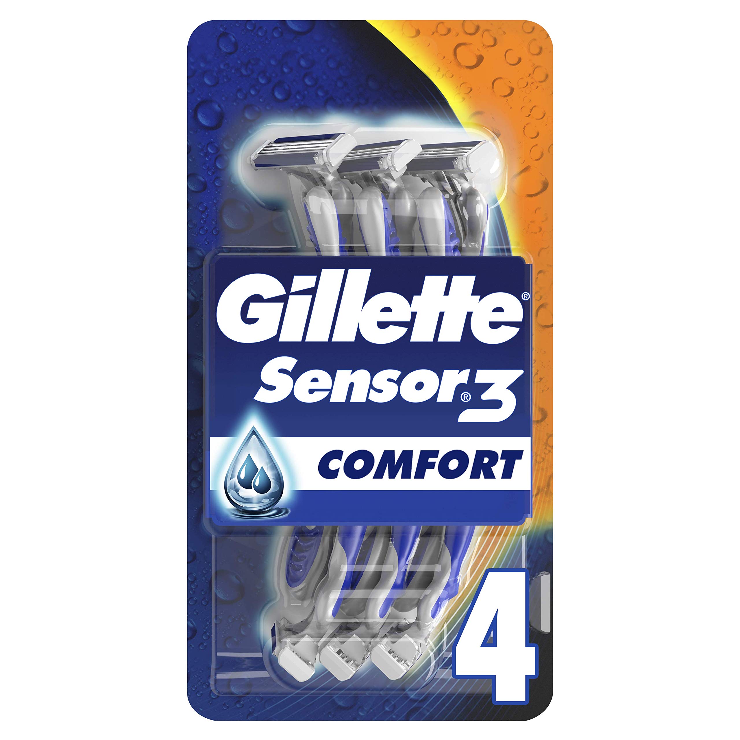 Gillette Sensor3 Comfort Disposable Razors for Men - 4 Pack with Lubrastrip & Water-Activated Comfortgel Technology - 3 Skin-Sensing Blades for Smooth Shaving - Perfect for Travel, Gym & Everyday Use
