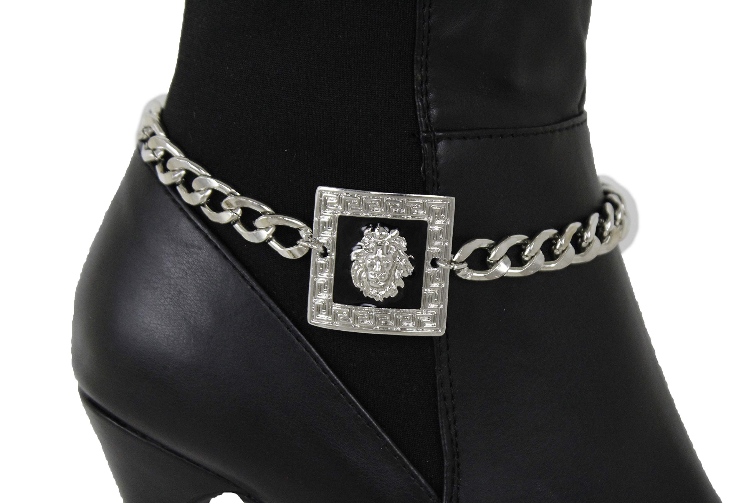 TFJ Women's Silver Boot Bracelet Chain - Bling Metal Western Fashion Anklet with Black Square Lion Charm for Cowgirl Boots & Festival Outfits