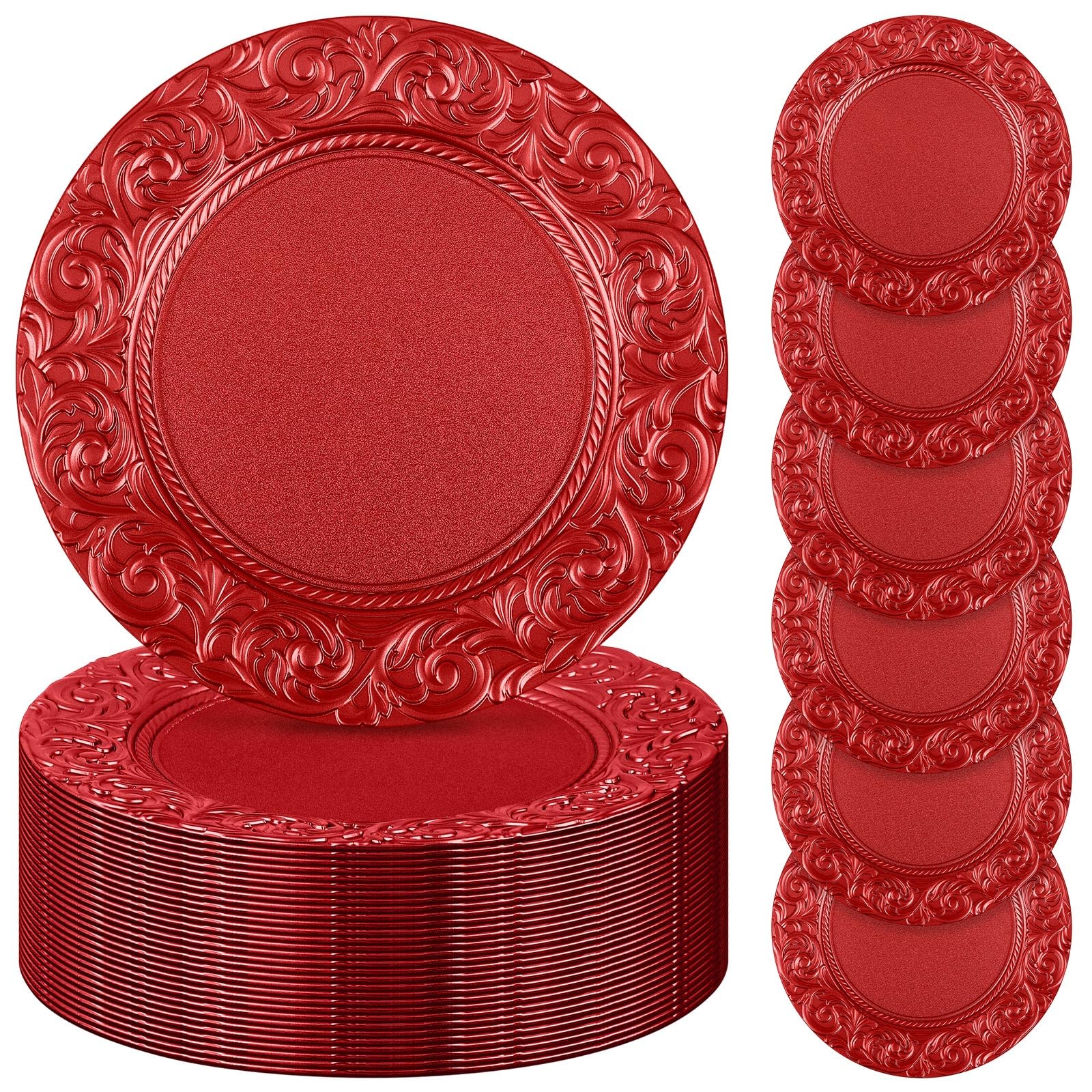 50 Pcs Antique Red Charger Plates Bulk - 13 Inch Embossed Rim Plastic Decorative Round Plates for Wedding, Dinner Party & Event Table Settings - Elegant Tableware for Formal Dining, Buffets, and Holiday Decorations