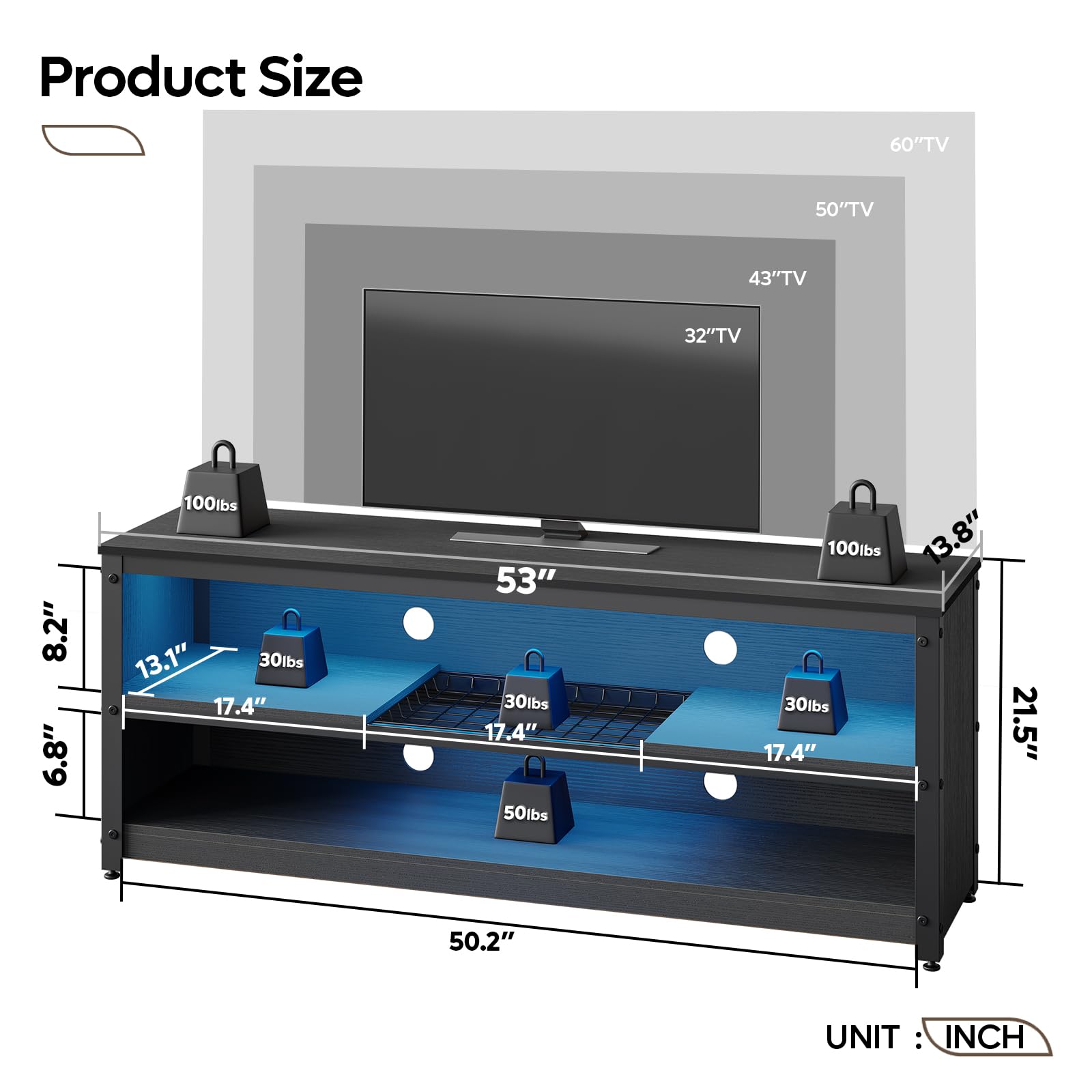 Bestier 60 Inch Gaming TV Stand with LED Lights - Modern Industrial Entertainment Center with Adjustable Shelves & Storage, Black - Perfect for Living Room, Bedroom & Game Room Setup