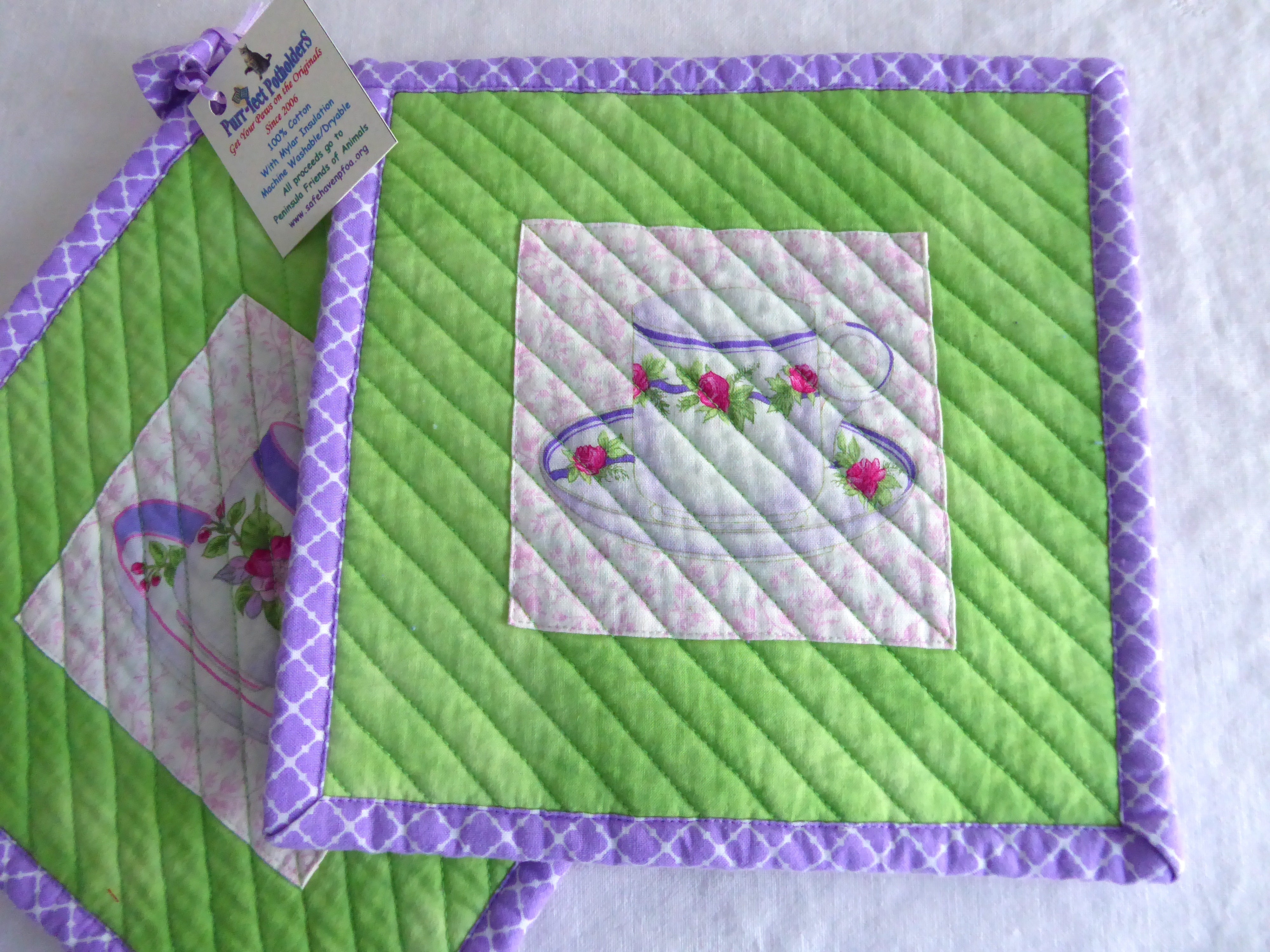 Handmade Purple and Green Teacup Themed Potholders Set of 2 - Heat Resistant Kitchen Accessories for Baking, Cooking & Home Decor - Supports Animal Charity