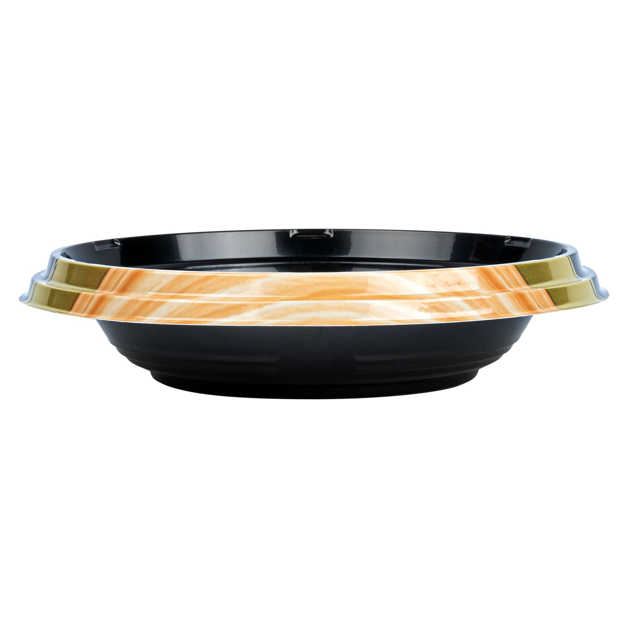 Bento Tek 14 oz Round Black and Gold Plastic Asian Style Bowl - 7 x 7 x 1.5 Inches - Pack of 400 - Perfect for Sushi, Ramen, Bento Boxes & Asian Cuisine Serving
