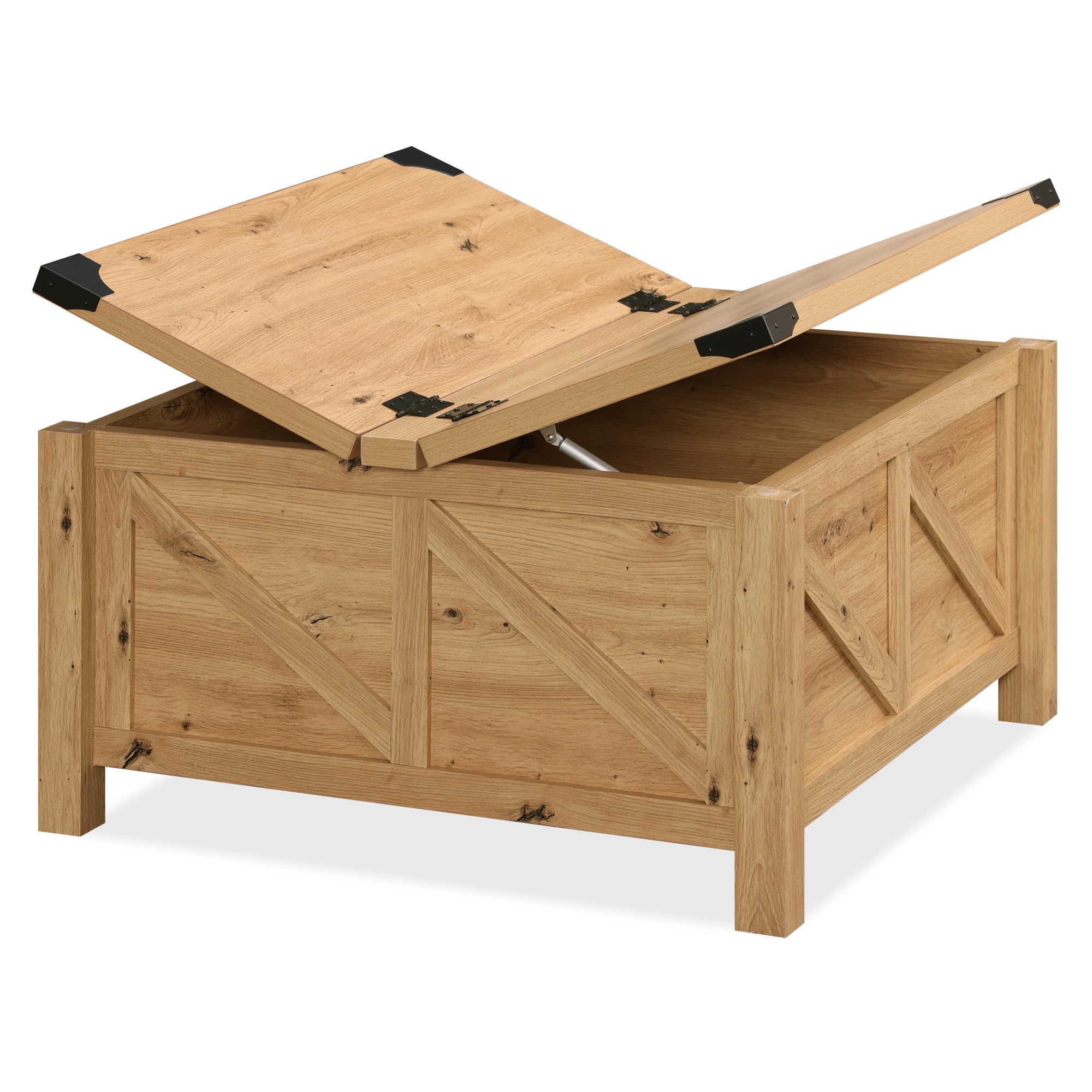 WAMPAT 30x30 Inch Square Farmhouse Coffee Table with Storage - Solid Wood Flip-Top Design with Gas Spring Lift, Metal-Wrapped Corners (Oak Finish) - Perfect for Living Room, Family Gatherings & Small Space Storage Solutions